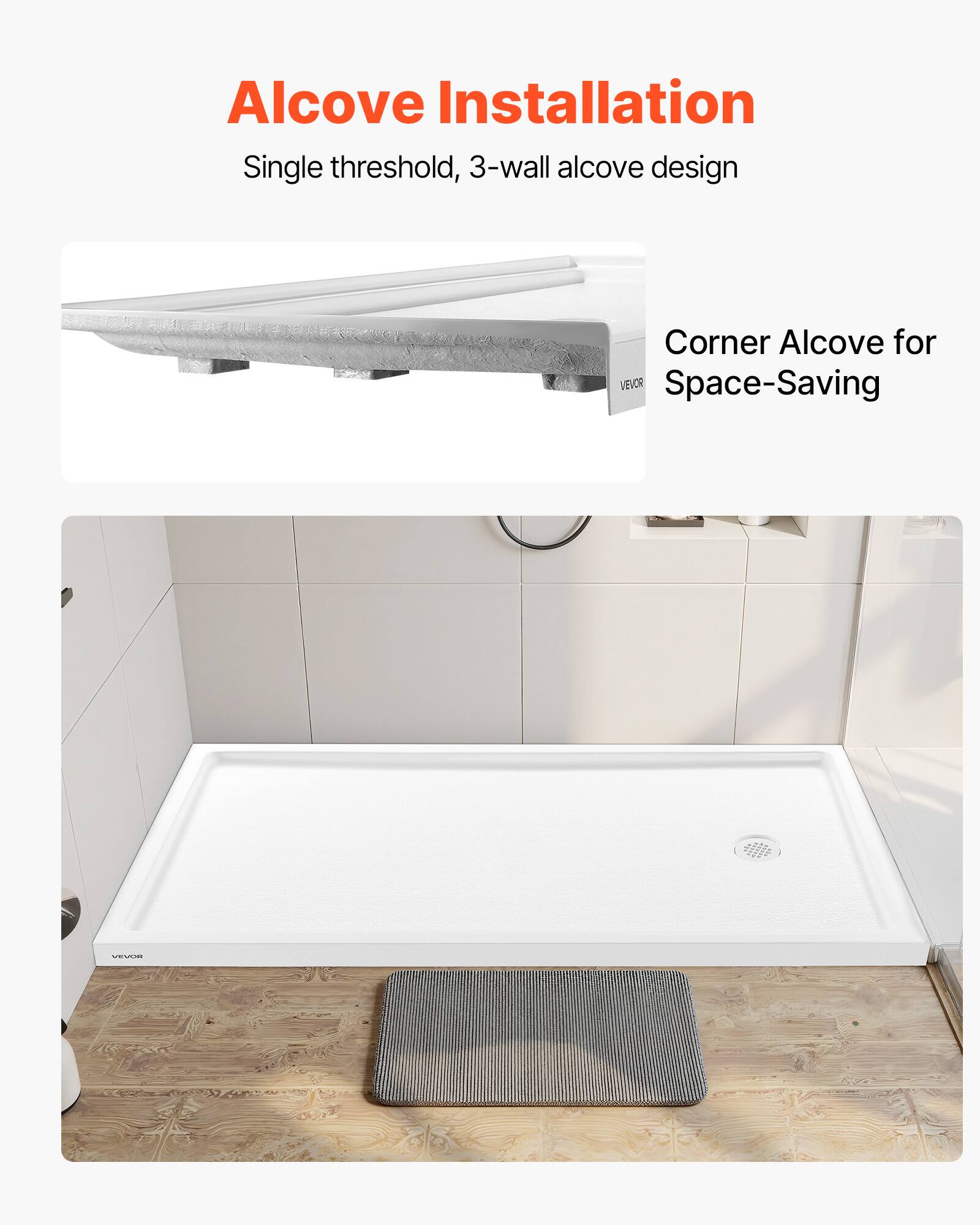 Alcove Installation  
Single threshold, 3-wall alcove design  
Corner Alcove for Space-Saving