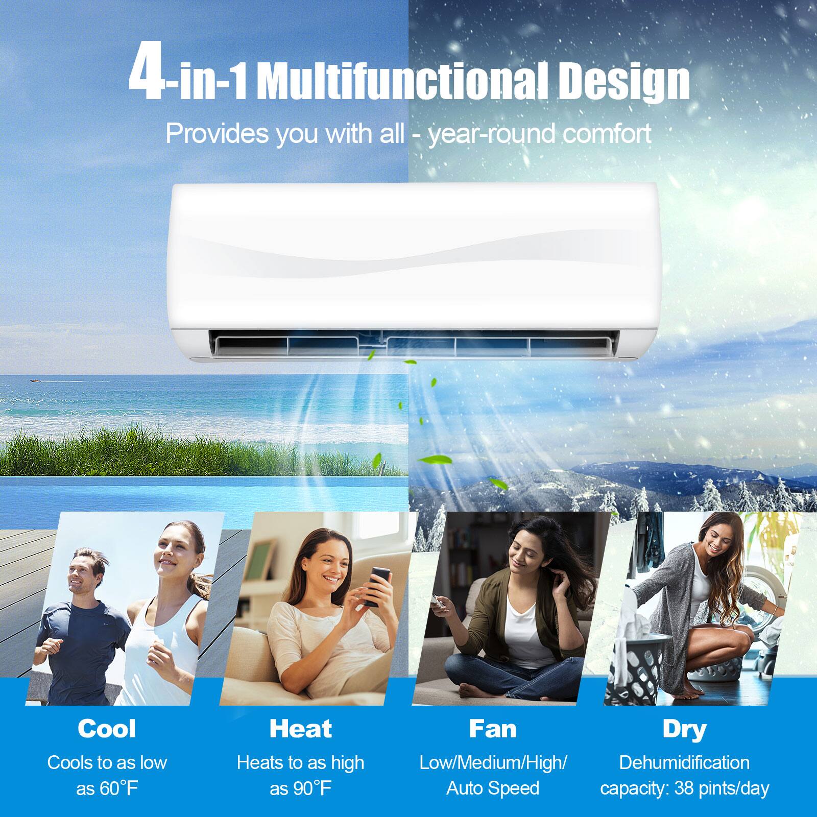 4-in-1 Multifunctional Design Provides you with all - year-round comfort

Cool
Cools to as low as 60F

Heat
Heats to as high as 90F

Fan
Low/Medium/High/ Auto Speed

Dry
Dehumidification capacity: 38 pints/day