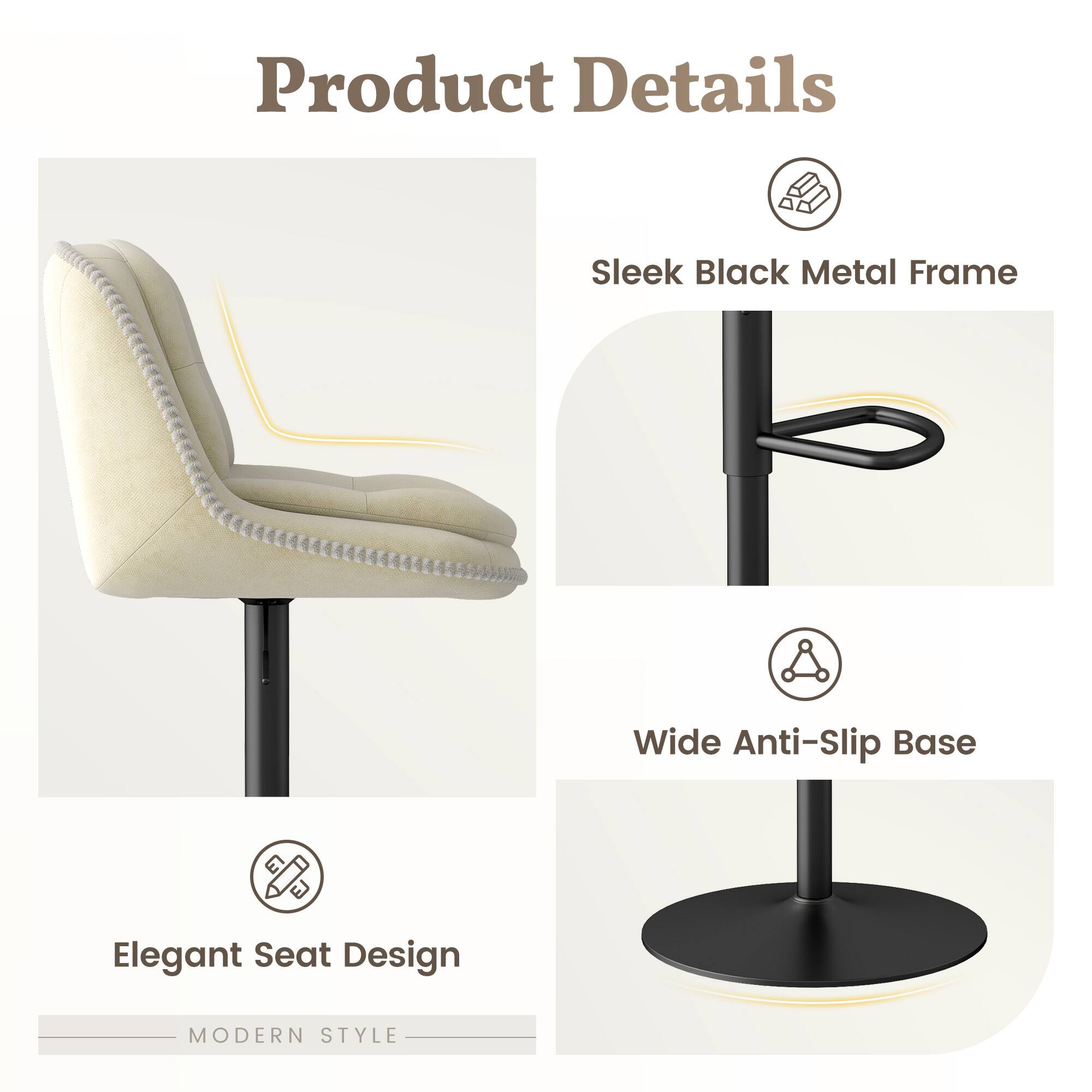 Product Details

- Sleek Black Metal Frame
- Wide Anti-Slip Base
- Elegant Seat Design

MODERN STYLE
