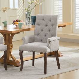 LUCKY ONE - Assembled Tufted Chenille Arm Dining Chair with Curved Solid Wood Legs Club Style Single - Beige