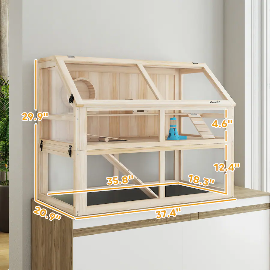 Pawhut Tier Wooden Hamster Cage w/ Detachable Bottom, Hut, Seesaw ...