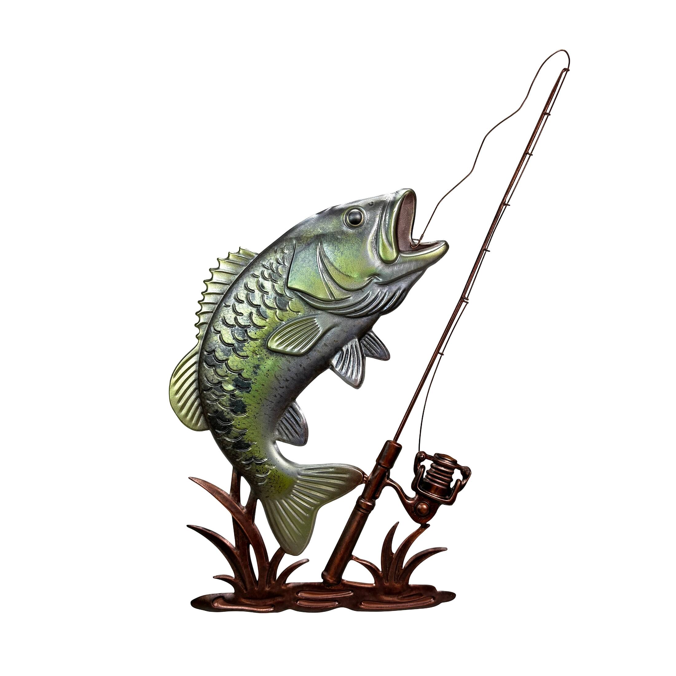 Front. Things2Die4 - Fish Wall Sculpture Largemouth Bass Fishing Rod Metal 39.5 Inch Tall - Green.