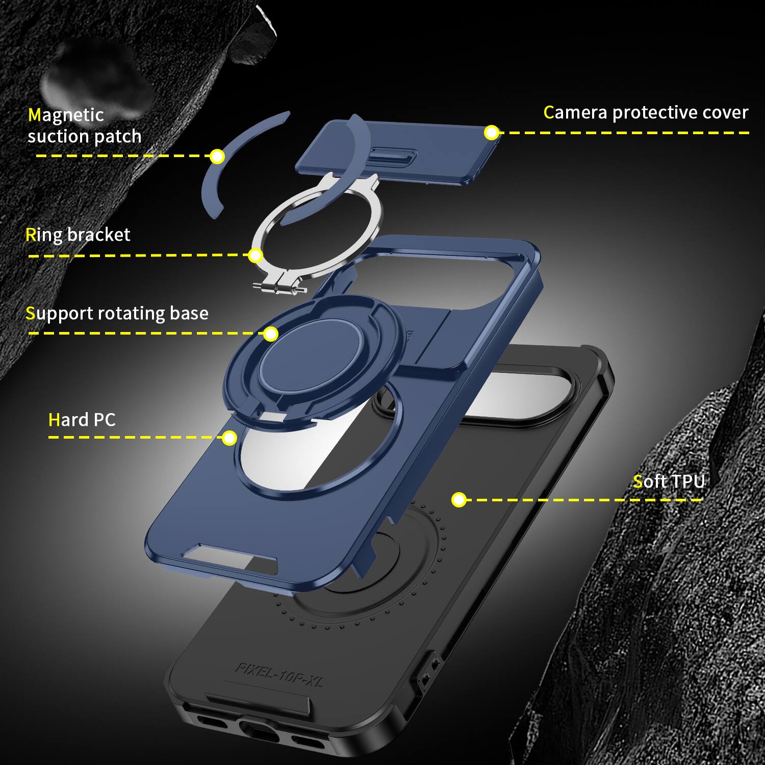 Magnetic suction patch  
Camera protective cover  
Ring bracket  
Support rotating base  
Hard PC  
Soft TPU  
PIXEL-10P-XL