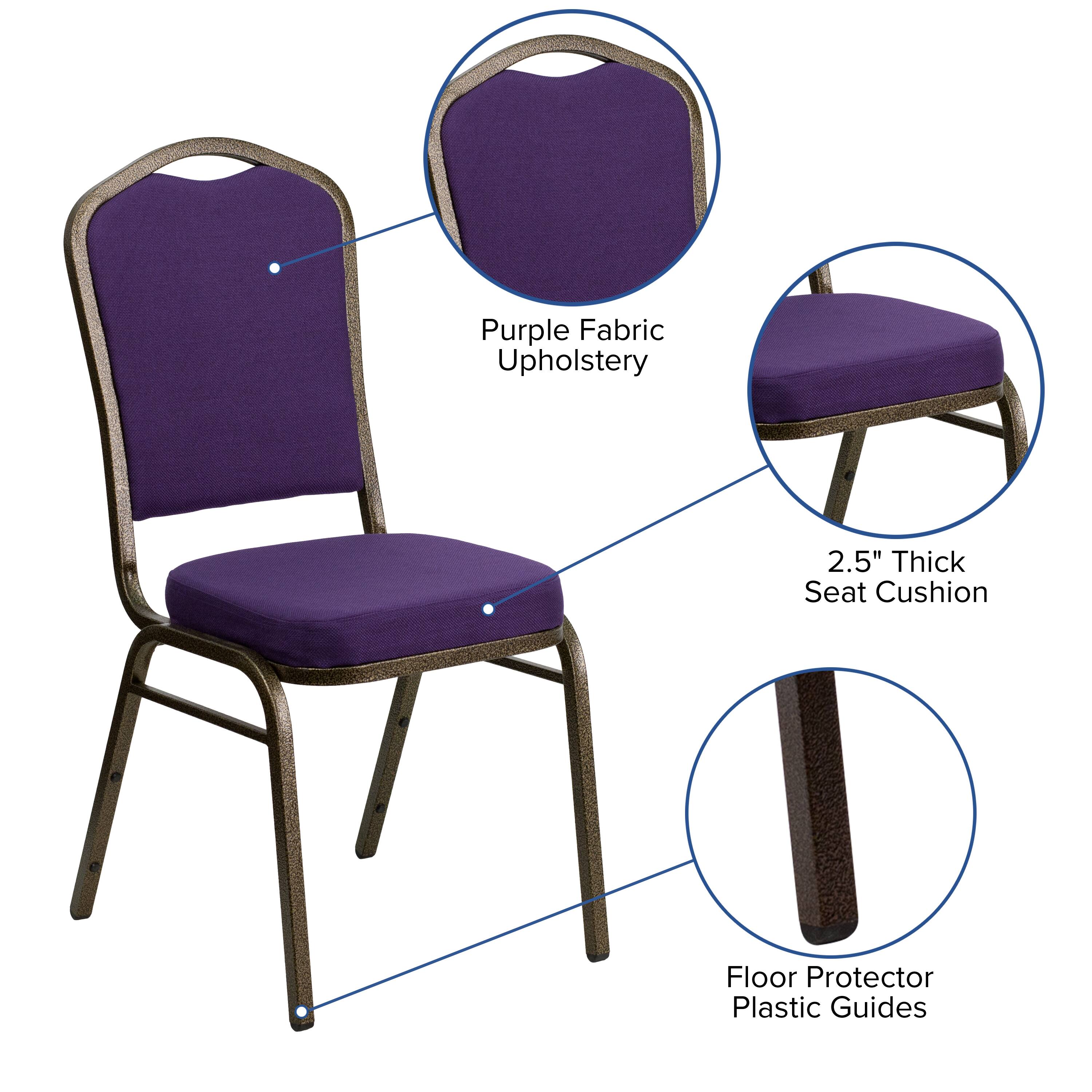 Purple Fabric Upholstery  
2.5" Thick Seat Cushion  
Floor Protector Plastic Guides