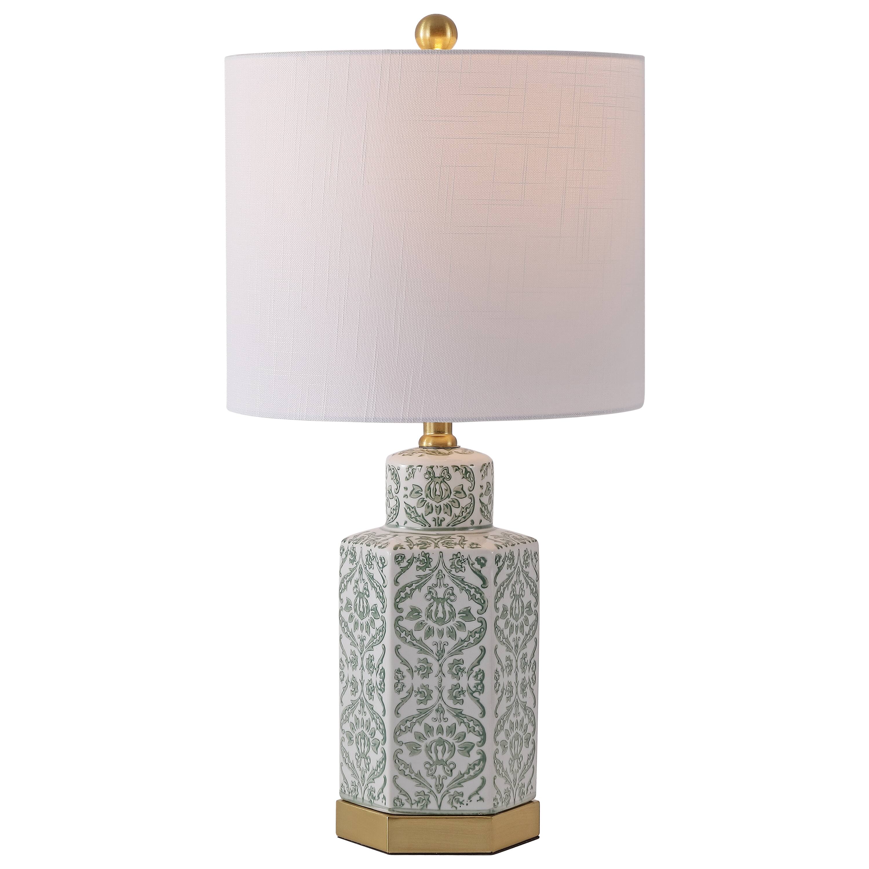 Front. Jonathan Y - Diana 23.5" Classic Green and White Floral Ceramic Table Lamp with Brass Base, Traditional for Living Room - Green/White.