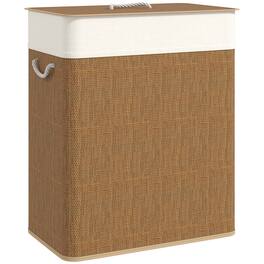 Homcom - Double Laundry Basket w/ 26.4 Gal Capacity, Bamboo Lid & Removable Liner - Brown