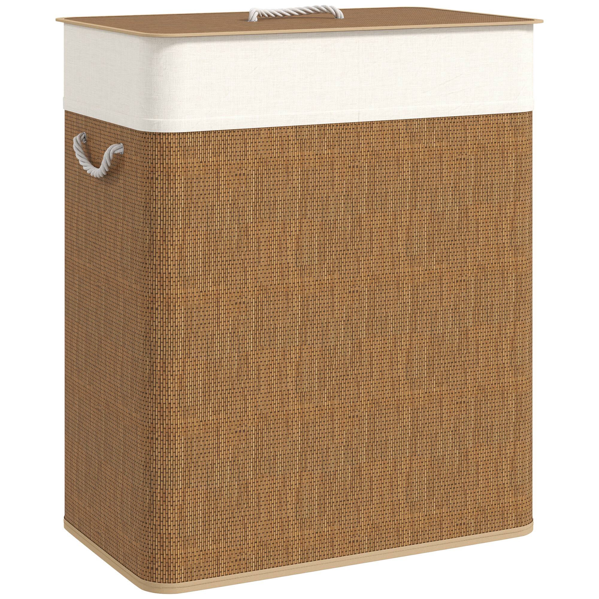 Front. Homcom - Double Laundry Basket w/ 26.4 Gal Capacity, Bamboo Lid & Removable Liner - Brown.