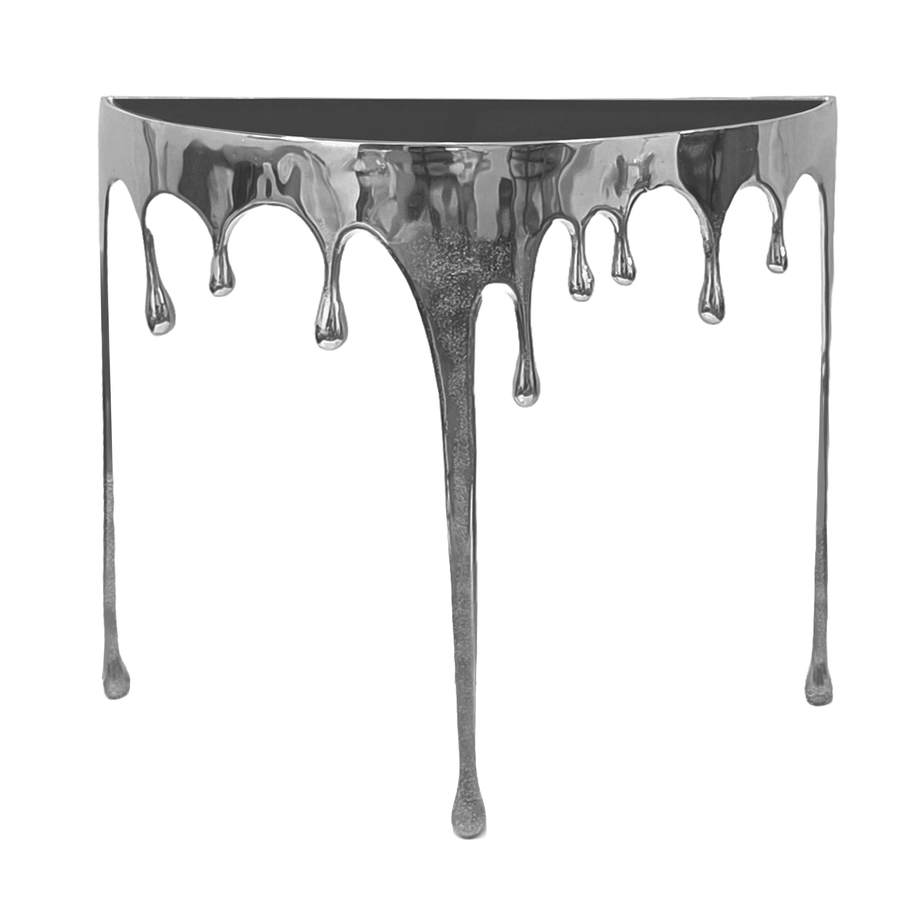 Alt View 2. Manhattan Lane - Capri Sofa Console Table | 36.25" Half Moon Glass Top | Melting Drip Design - Silver, Black.
