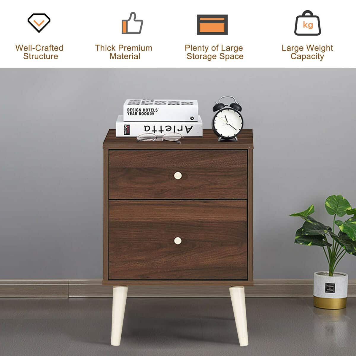 Costway Nightstand 2Drawer Beside End Side Table with Rubber Legs