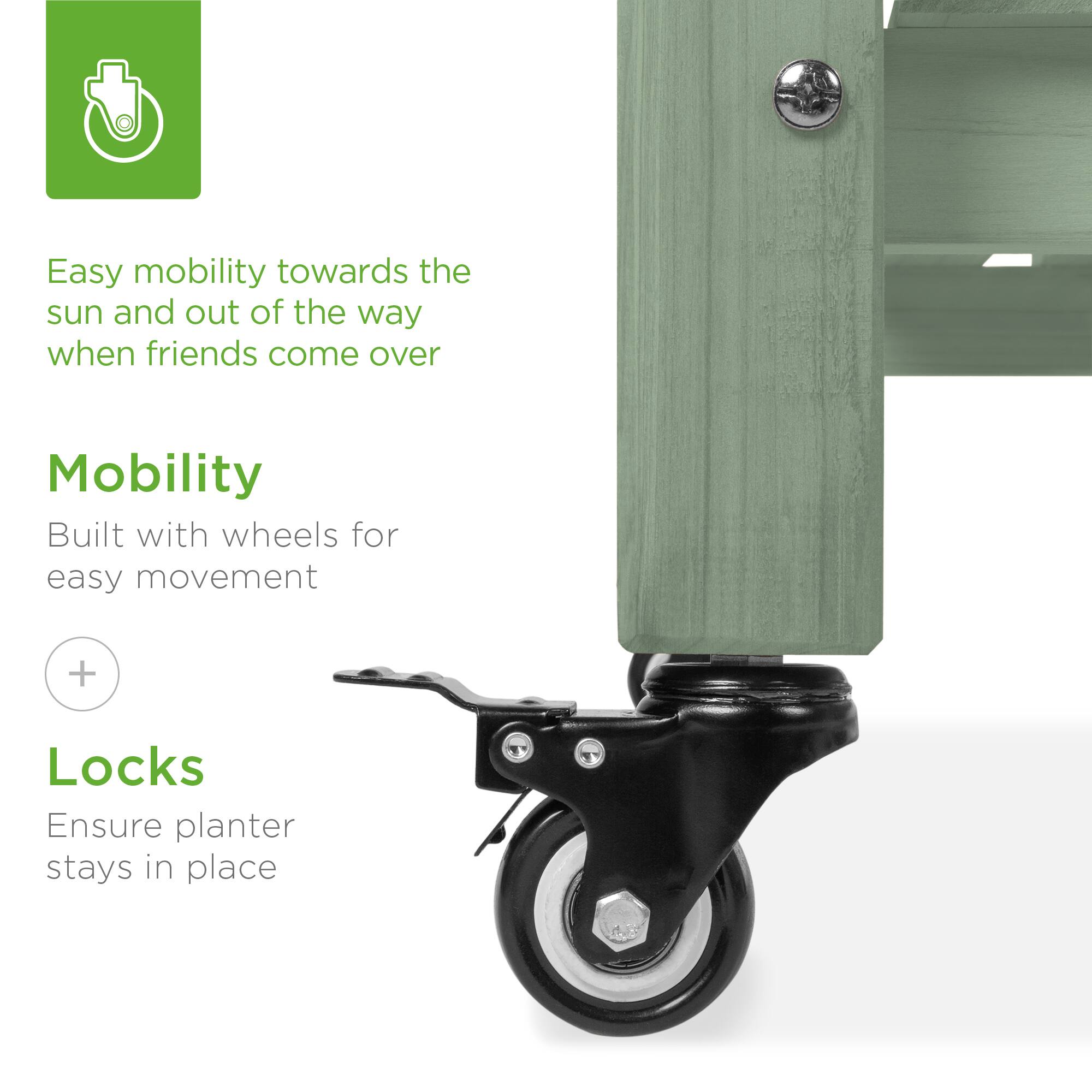 Easy mobility towards the sun and out of the way when friends come over

Mobility  
Built with wheels for easy movement

Locks  
Ensure planter stays in place