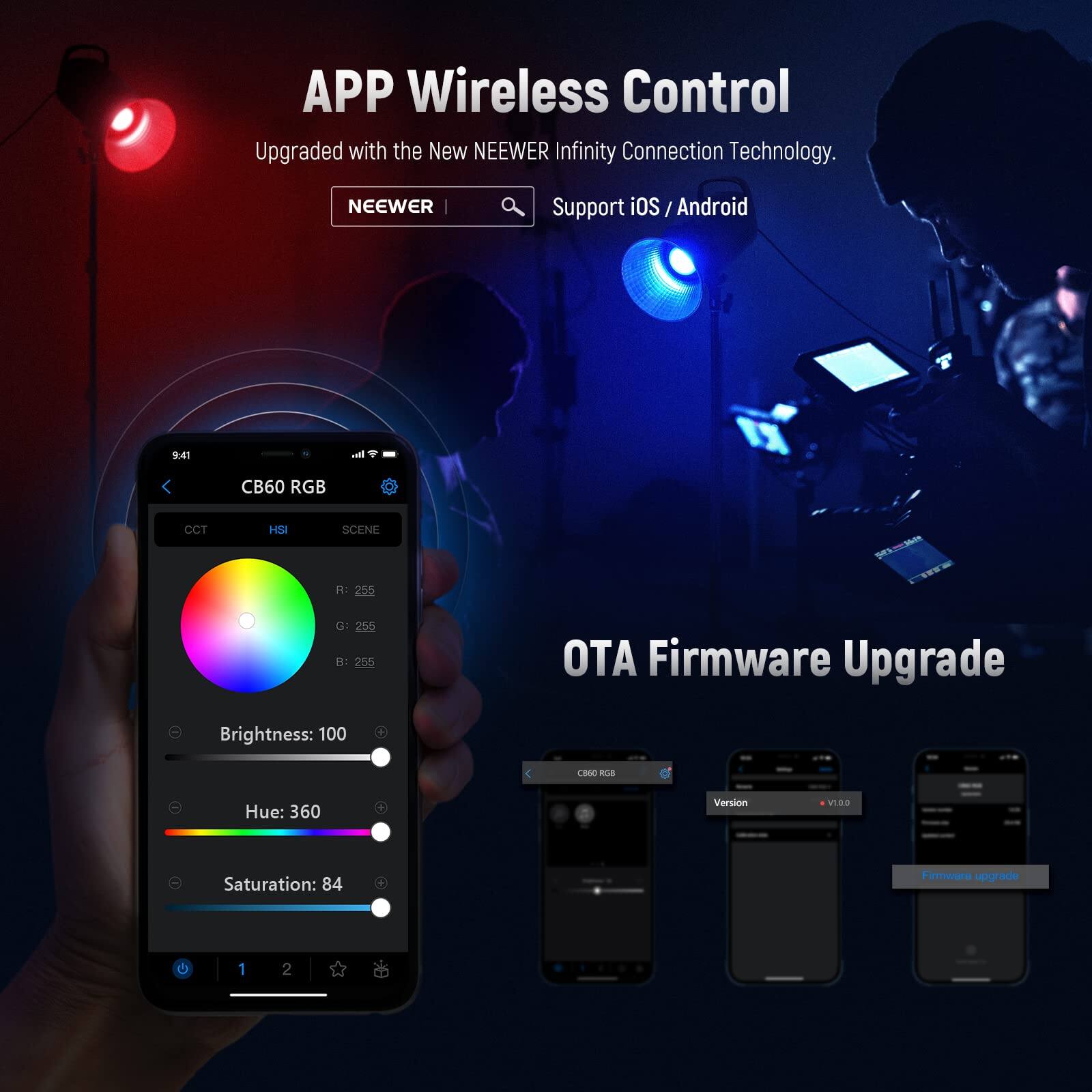 APP Wireless Control  
Upgraded with the New NEEWER Infinity Connection Technology.  
NEEWER Support iOS / Android  

CB60 RGB  
Brightness: 100  
Hue: 360  
Saturation: 84  

OTA Firmware Upgrade  
Version V1.00