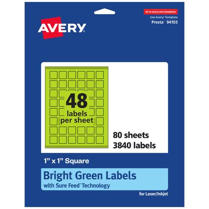 Go to avery.com/templates
AVERY
Use Avery Template Presta* 94103
48 labels per sheet
80 sheets
3840 labels
1" x 1" Square
Bright Green Labels with Sure Feed Technology for Laser/Inkjet