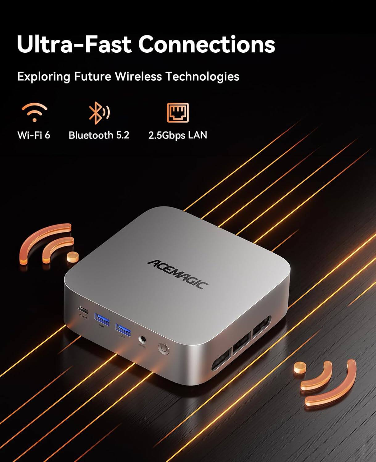 Ultra-Fast Connections  
Exploring Future Wireless Technologies  
Wi-Fi 6  
Bluetooth 5.2  
2.5Gbps LAN  
ACEMAGIC