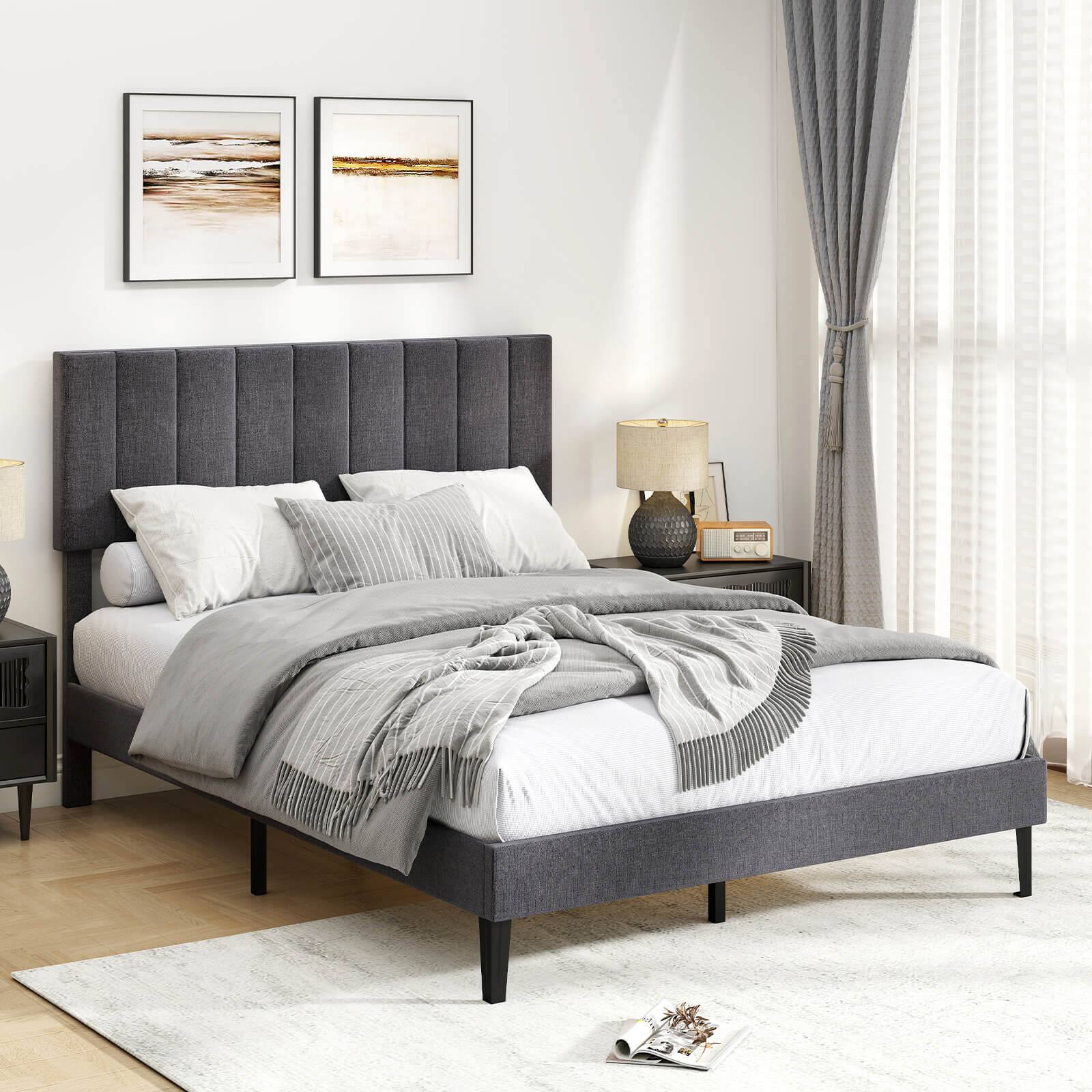 Alt View 1. Costway - Costway Full Size Bed Frame with Height Adjustable Vertical Channel Headboard, Noise Free - Gray.