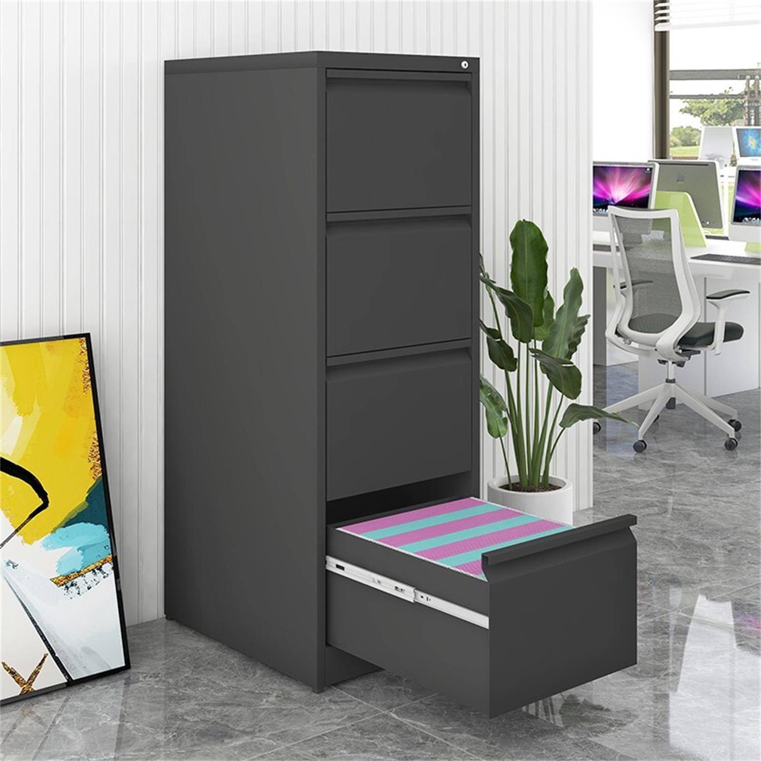 Angle. COWLOWN - 4 Drawer Lockable Metal Vertical File Cabinet Black Storage Organizer for Letter A4 Legal Size Files Home Office Use.
