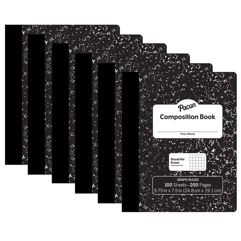 Pacon - Composition Book, Black Marble, 1/5" Quadrille Ruled, 9-3/4" x 7-1/2", 100 Sheets, Pack of 6