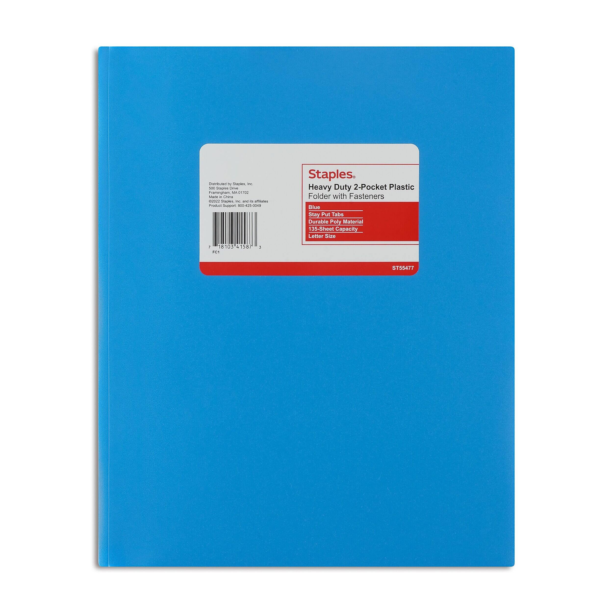 Distributed by Staples no 500 cupes Calories framingham, MA01/22 => of Own CHOO Staples, K and a Vitas Product Support 800-425-0049

Staples Heavy Duty 2-Pocket Plastic Folder with Fasteners Blue Stay Put Tabs Durable Poly Material 135-Sheet Capacity Letter Size

1 18103 41587 FC1

ST55477