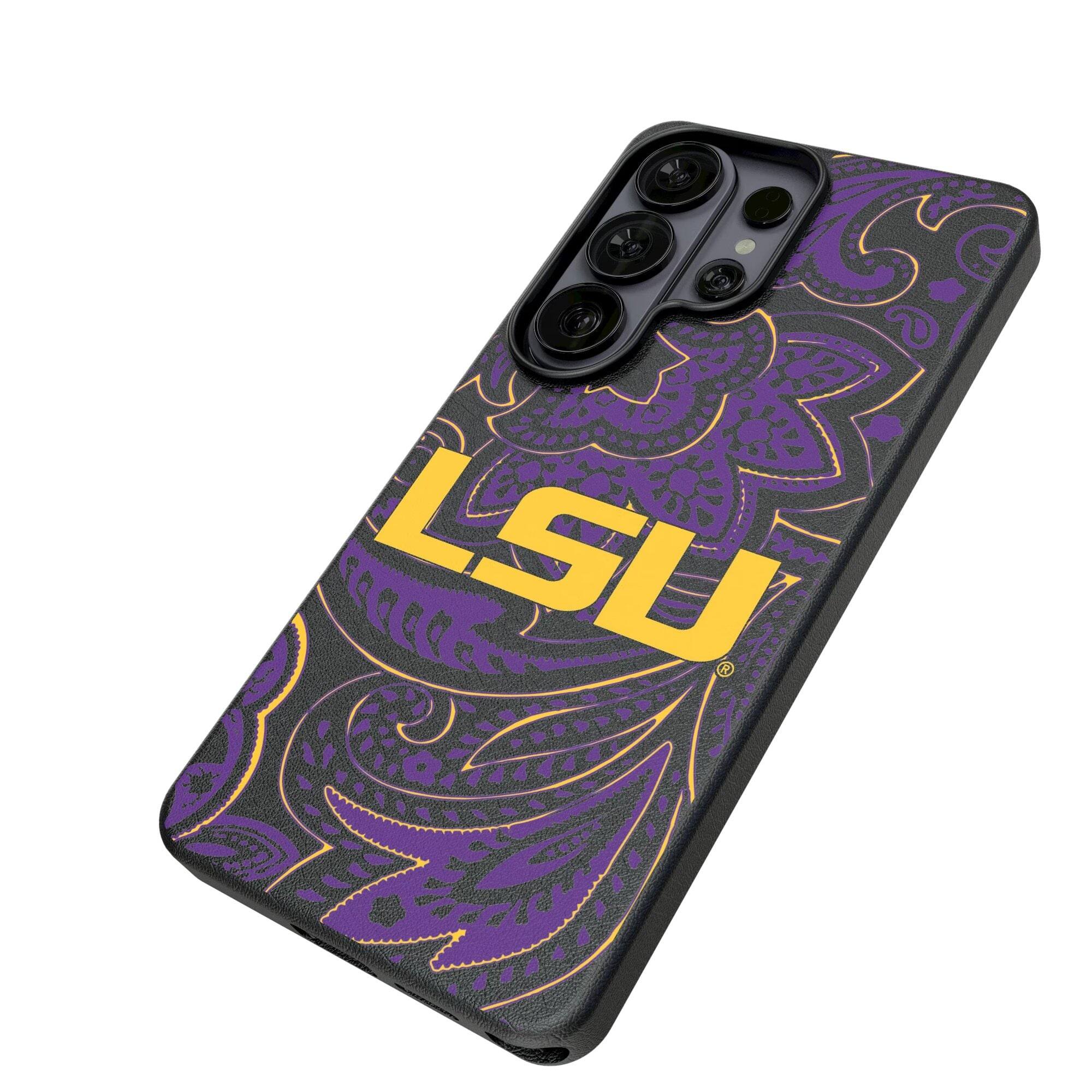 Alt View 1. Keyscaper - LSU Tigers Paisley Galaxy Magnetic Bump Case - S25 Ultra - Black.
