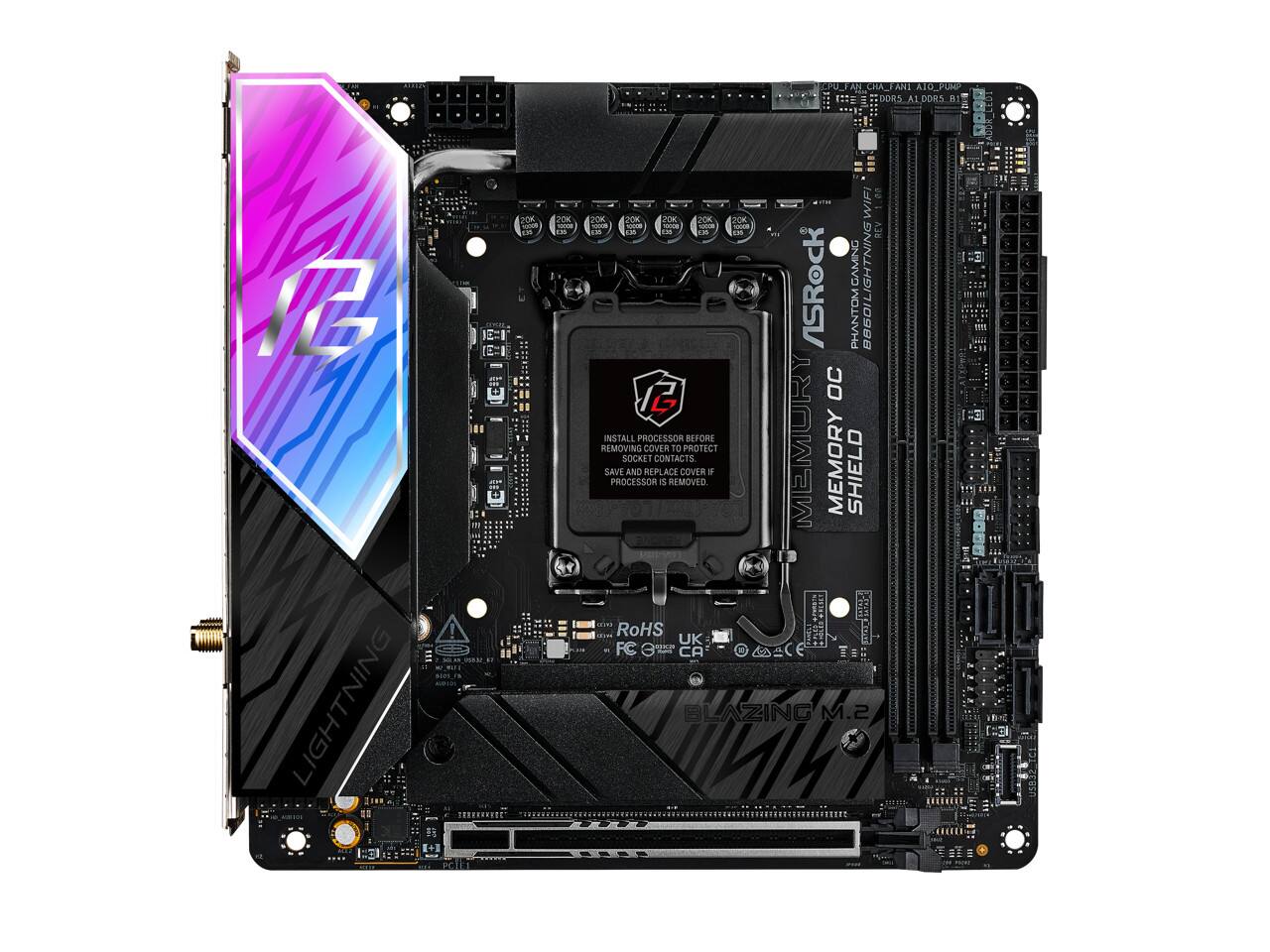 And CHA_ ANS AID PUN DORS A1 1 DDRS 1 VE LIGHTNING . m TOK -  TOK - - 2 2OM 0K WIFI cOK 2ON 20K - - - - N  M n V39 GAMING ASRock PHANTOM B860I LIGHTNING B860I OC INSTALL PROCESSOR BEFORE REMOVING SAVE PROCESSOR SOCKET AND REPLACE COVER CONTACTS REMOVED TO COVER PROTECT a MEMURY MEMORY SHIELD RACHEN GTAESTS I -.. RoHS I UK FC G CA BLAZING M.2 > M [  4 d 4