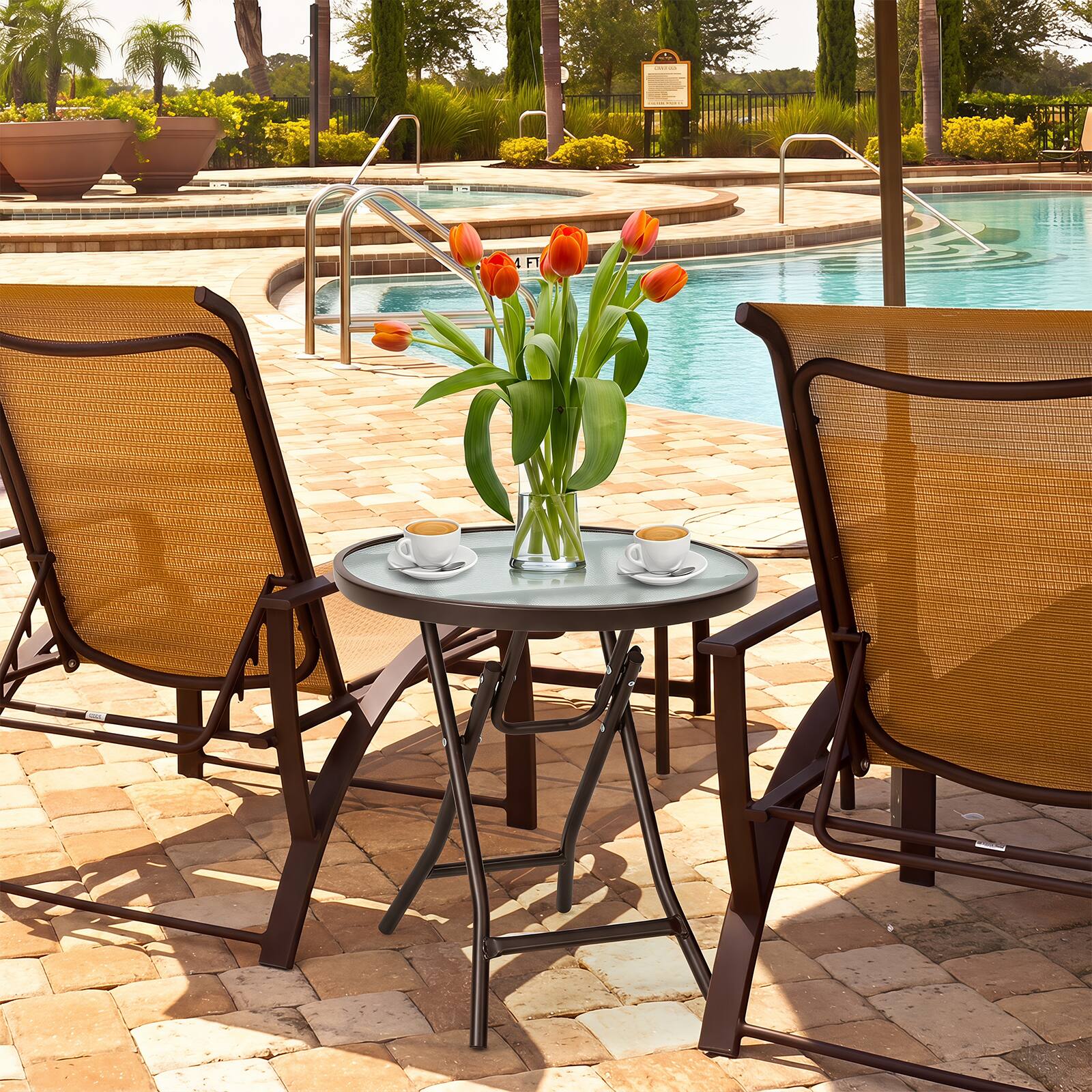 Alt View 4. Gymax - Gymax Patio Side Table 18'' Round Bistro Table w/Tempered Glass Tabletop for Outdoor Brown - Brown.