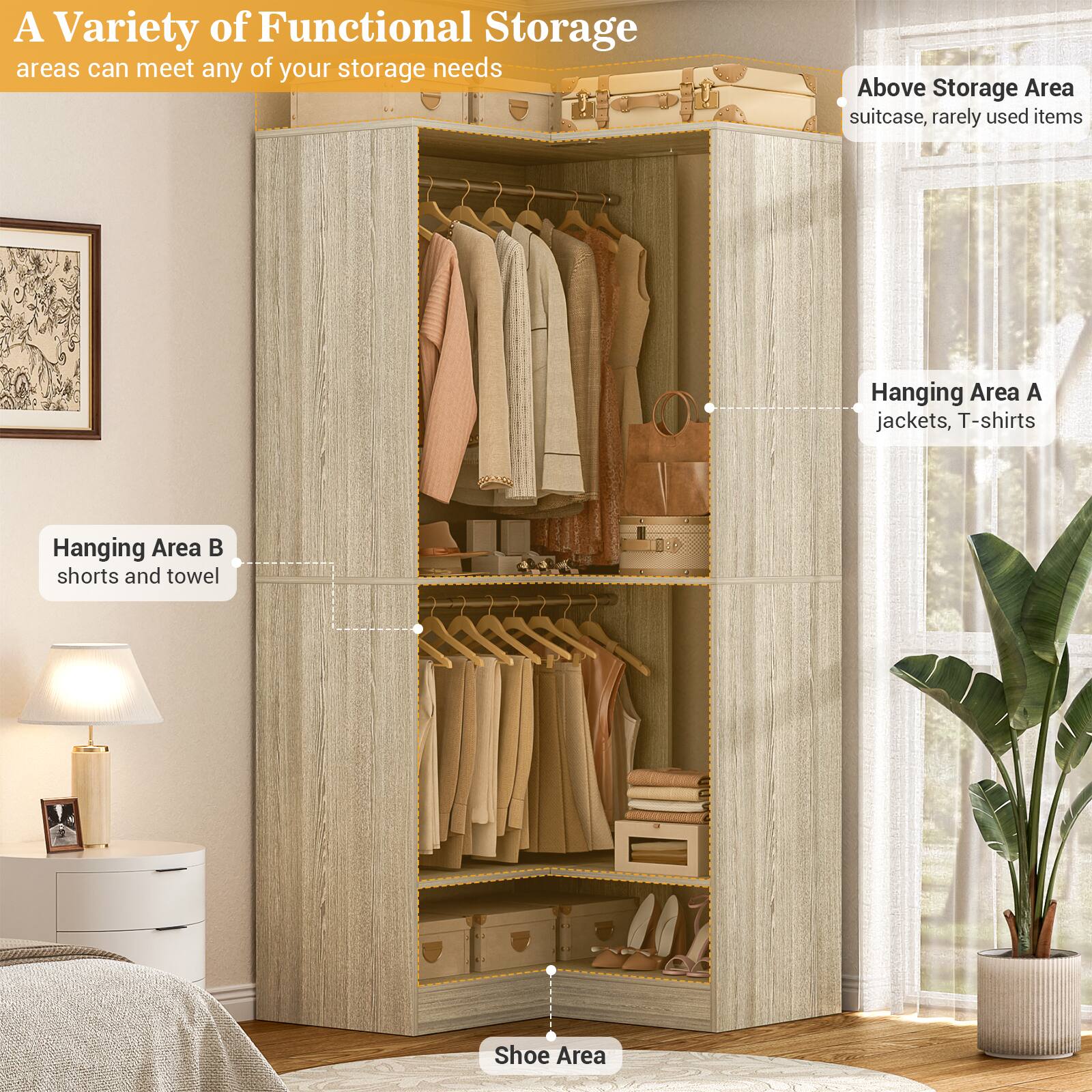 A Variety of Functional Storage areas can meet any of your storage needs

- Above Storage Area: suitcase, rarely used items
- Hanging Area A: jackets, T-shirts
- Hanging Area B: shorts and towel
- Shoe Area