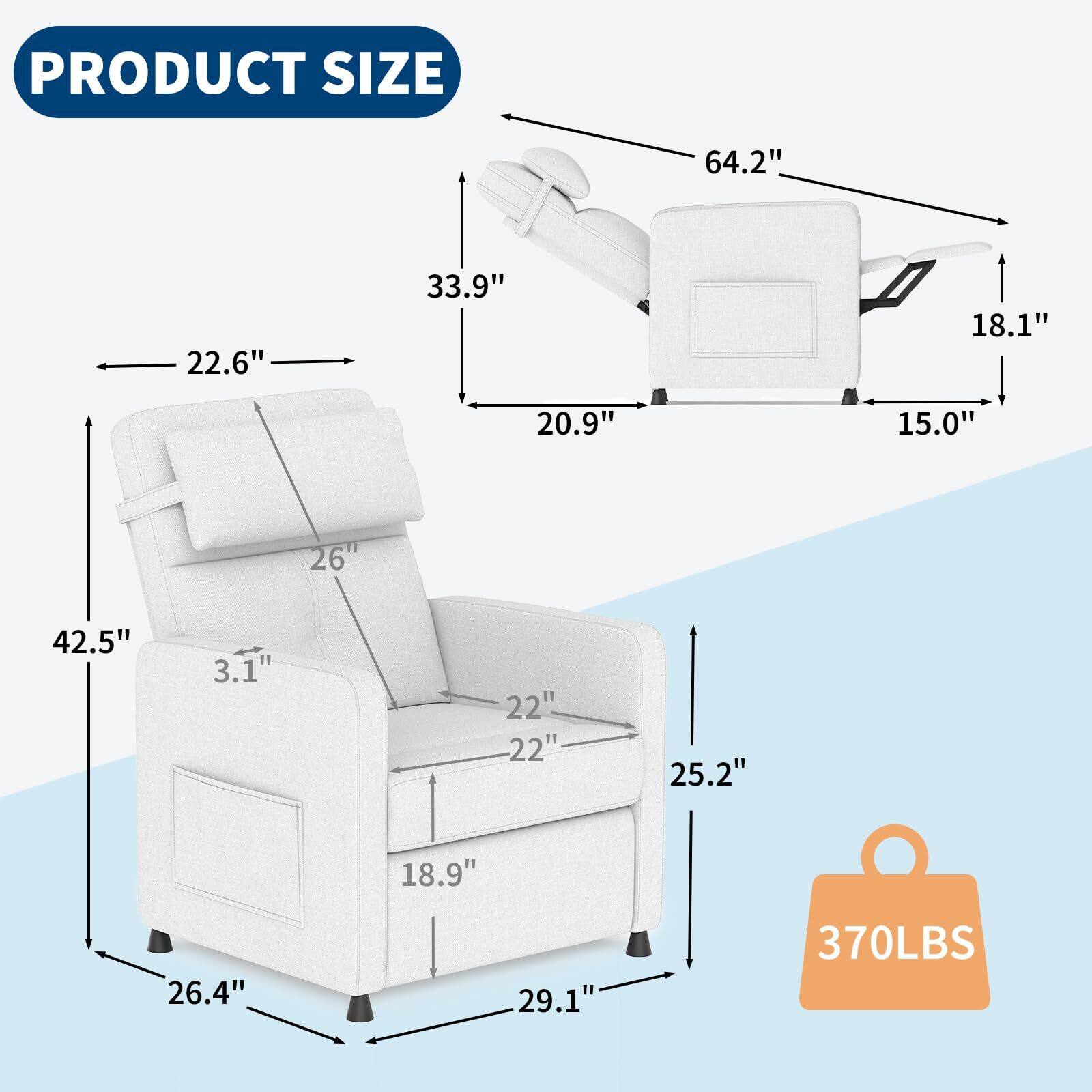PRODUCT SIZE

- 64.2"
- 22.6"
- 33.9"
- 18.1"
- 20.9"
- 15.0"
- 26"
- 42.5"
- 3.1"
- 22"
- 22"
- 25.2"
- 18.9"
- 26.4"
- 29.1"
- 370LBS