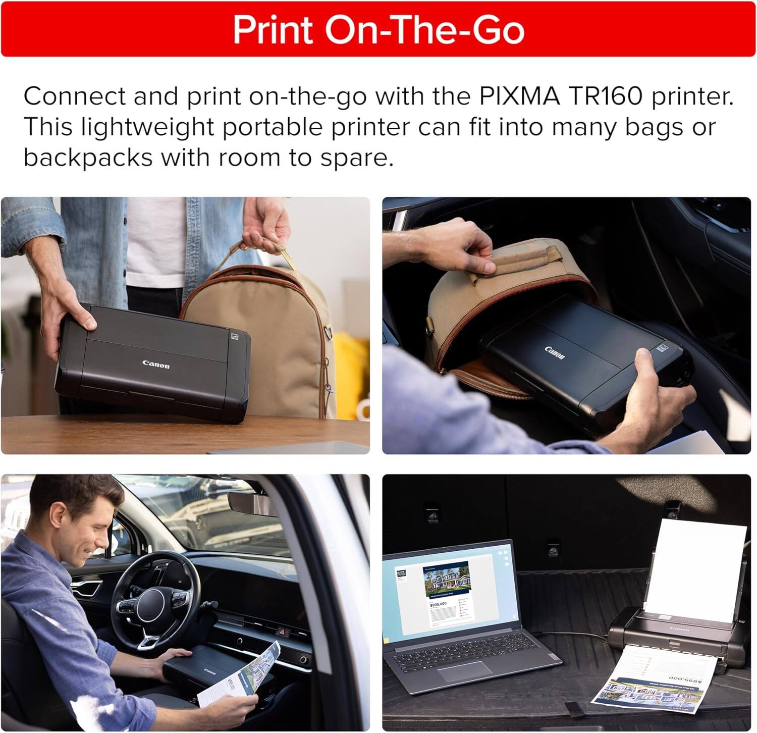 Print On-The-Go

Connect and print on-the-go with the PIXMA TR160 printer. This lightweight portable printer can fit into many bags or backpacks with room to spare.