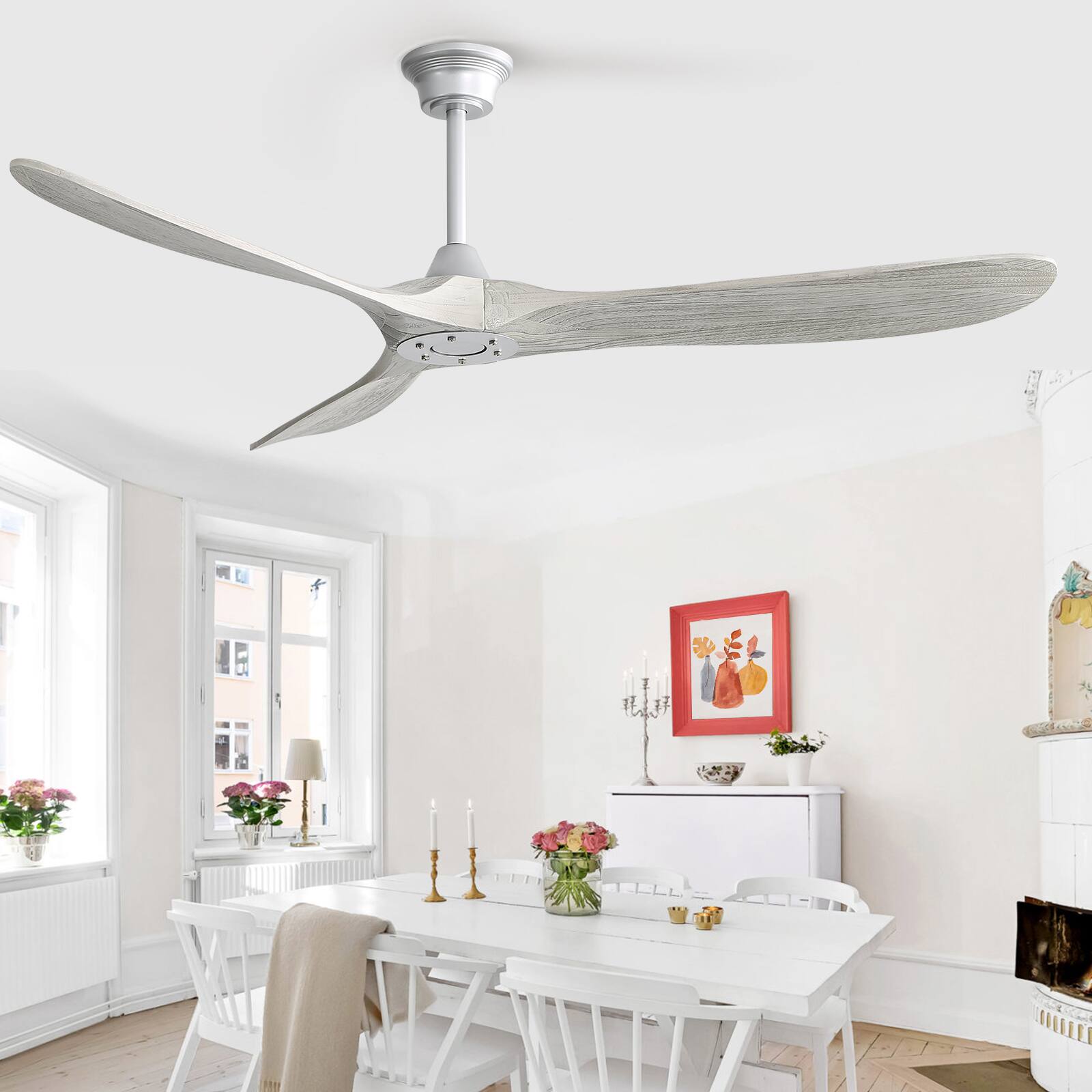 Alt View 5. Sofucor - 60 Inch Outdoor Indoor Solid Wood Ceiling Fan No Light With Remote High CFM Ceiling Fan for Farmhouse Bedroom Patio - Silver Grey Wood.