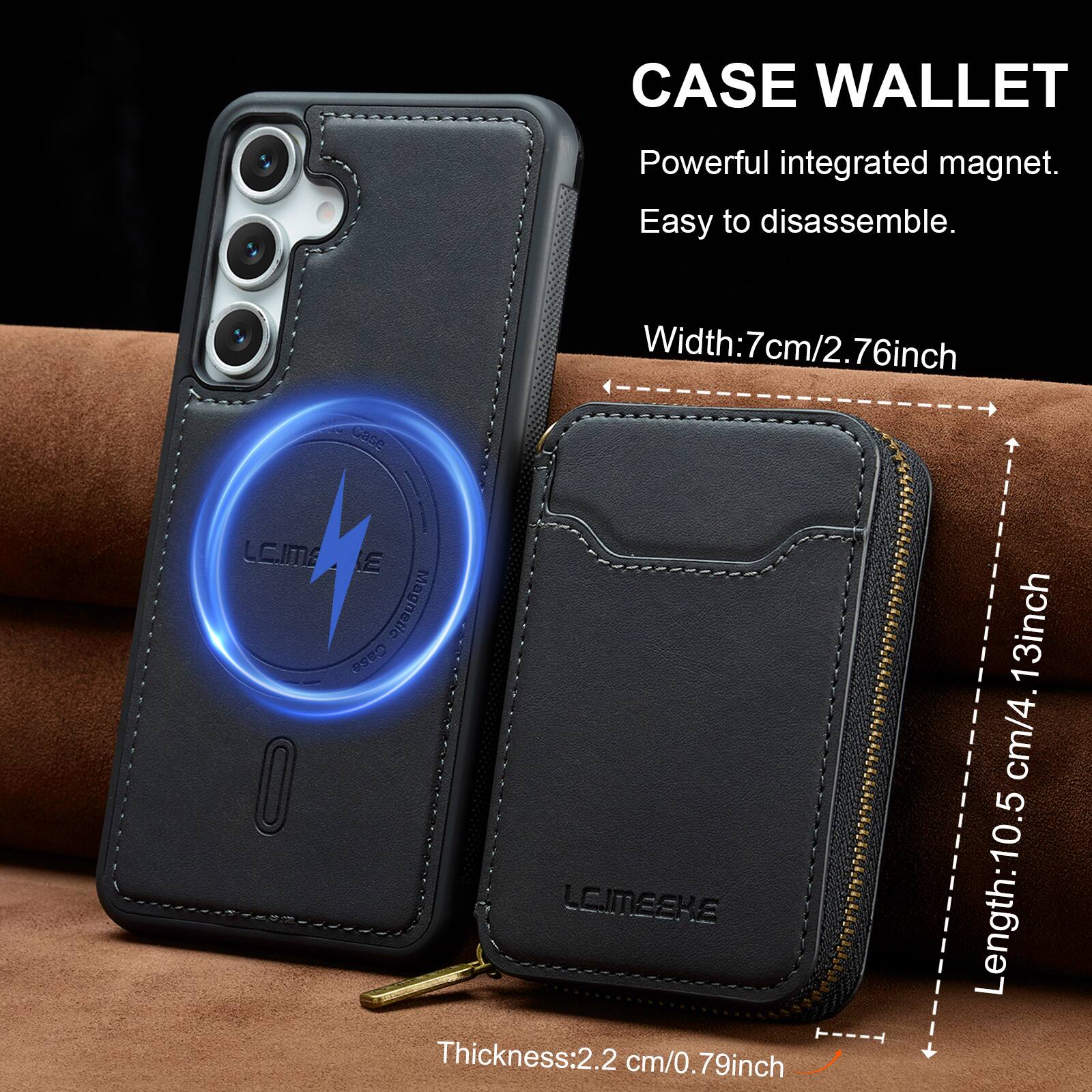 CASE WALLET  
Powerful integrated magnet.  
Easy to disassemble.  

Width: 7cm/2.76inch  
Length: 10.5cm/4.13inch  
Thickness: 2.2cm/0.79inch