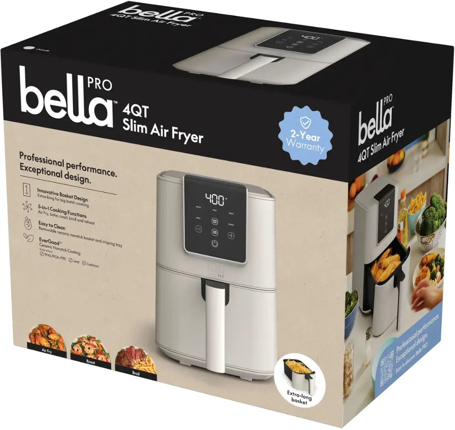 The text on the image reads: "Bella Pro 4QT Slim Air Fryer Professional Exceptional design. performance. Innovative Basket Extro-long for big Design 400 batch 5-in-1 cooking - tir i - boke. 100d Functions - Lmuk and Eosy reheut of Cleon Removable Caramel nondink nonkal EverGood ond Certndc crisping Nay - Nonatick PAS Cooting MCAFT PTH - Codrium bella PRS 40D PRO Warranty 2-Y ear bella Slim Air Ffyer 4QT 02 AiPry Bon Bral Extro-long basket olsi A Excepfional d  Br L  velsmer Sur Esa 20."