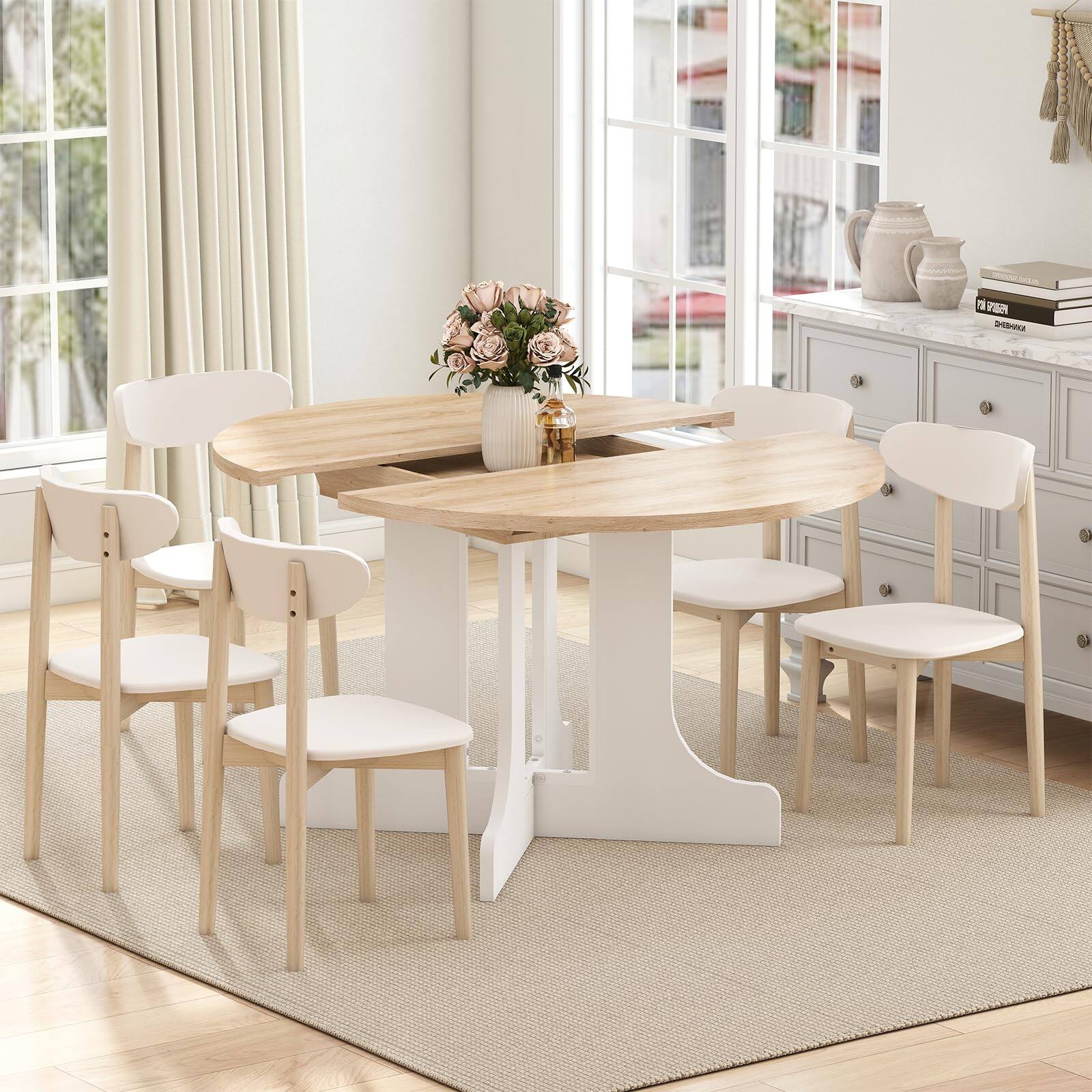 Alt View 6. Ecooso - 59x43 Inch Dining Table for Farmhouse Kitchen Expandable Oval Table Top with Removable Leaf Trestle X Shaped Base White - White Oak.