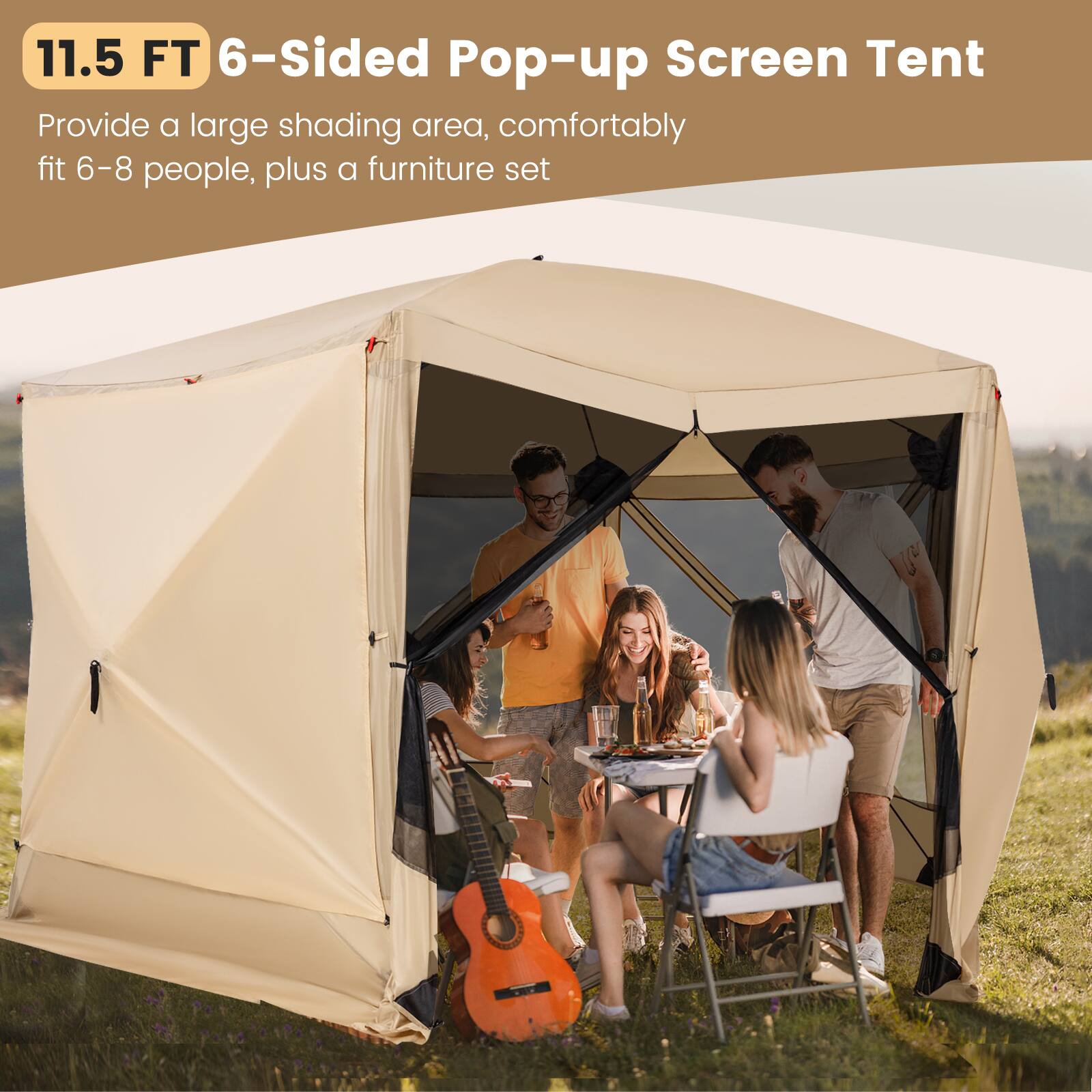 The image features a group of people sitting around a dining table under a large 11.5 FT 6-sided pop-up screen tent. The tent provides ample shade and comfortably accommodates 6-8 people, along with a furniture set. The people are enjoying their time together, and there are chairs placed around the table for them to sit on.