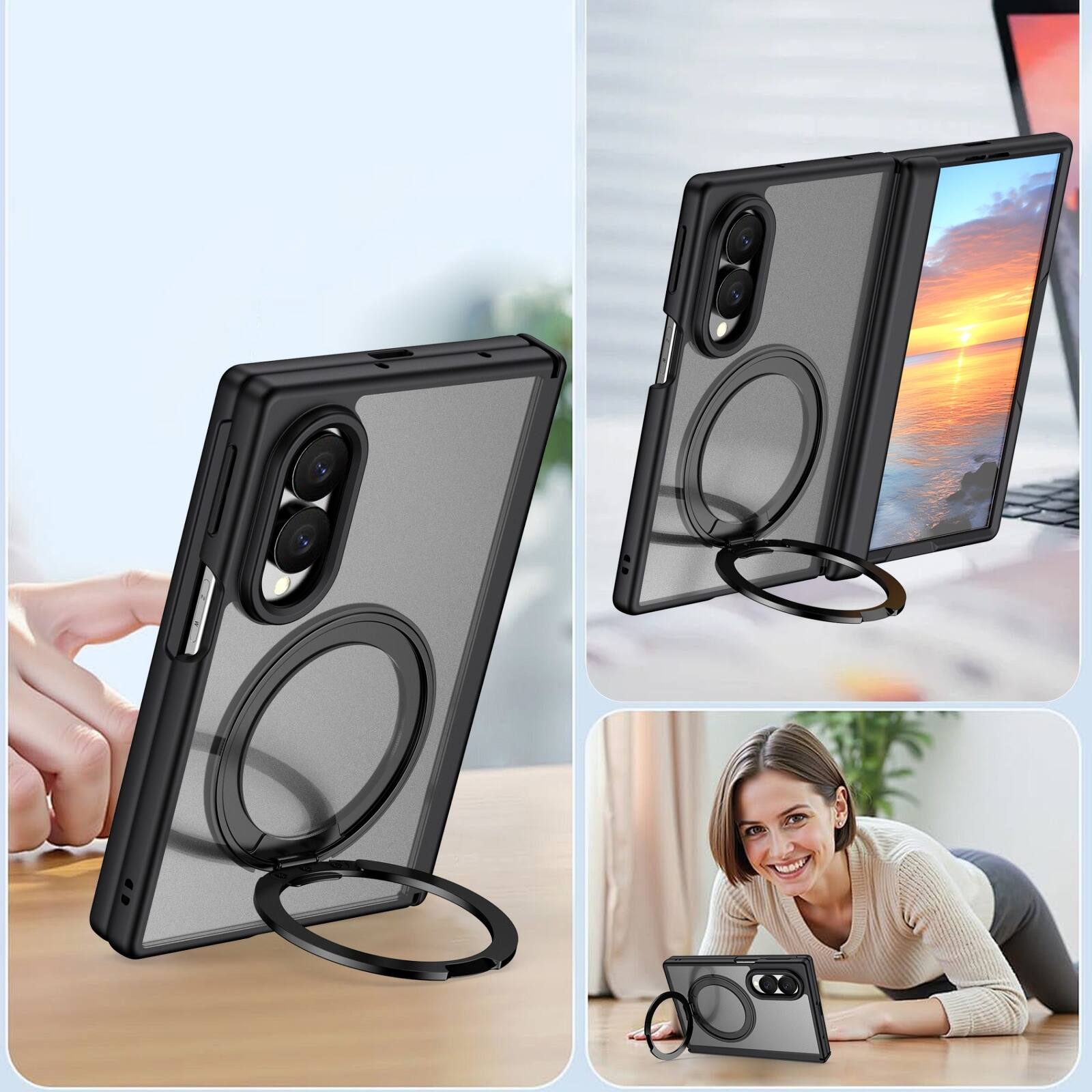 Back. Dteck - Shockproof Case for Samsung Galaxy Z Fold8 with Ring Stand, Magnetic PC Cover Built in Screen Film and Hinge Protection - Black.