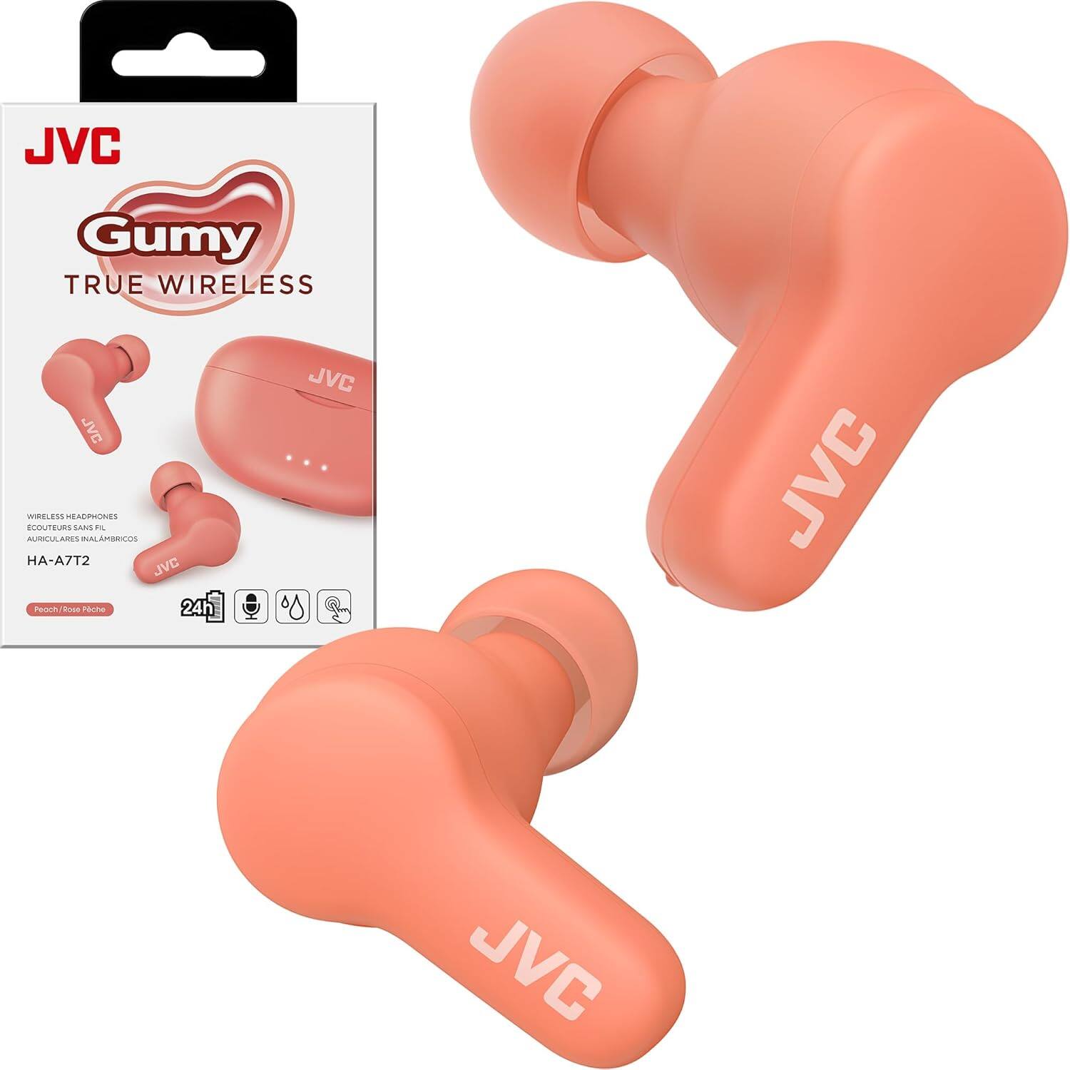 JVC Gumy TRUE WIRELESS  
JVC HA-A7T2  
WIRELESS HEADPHONES / ÉCOUTEURS SANS FIL  
AURICULAIRES INALAMBRICOS  
Peach / Rose Pêche  
24h