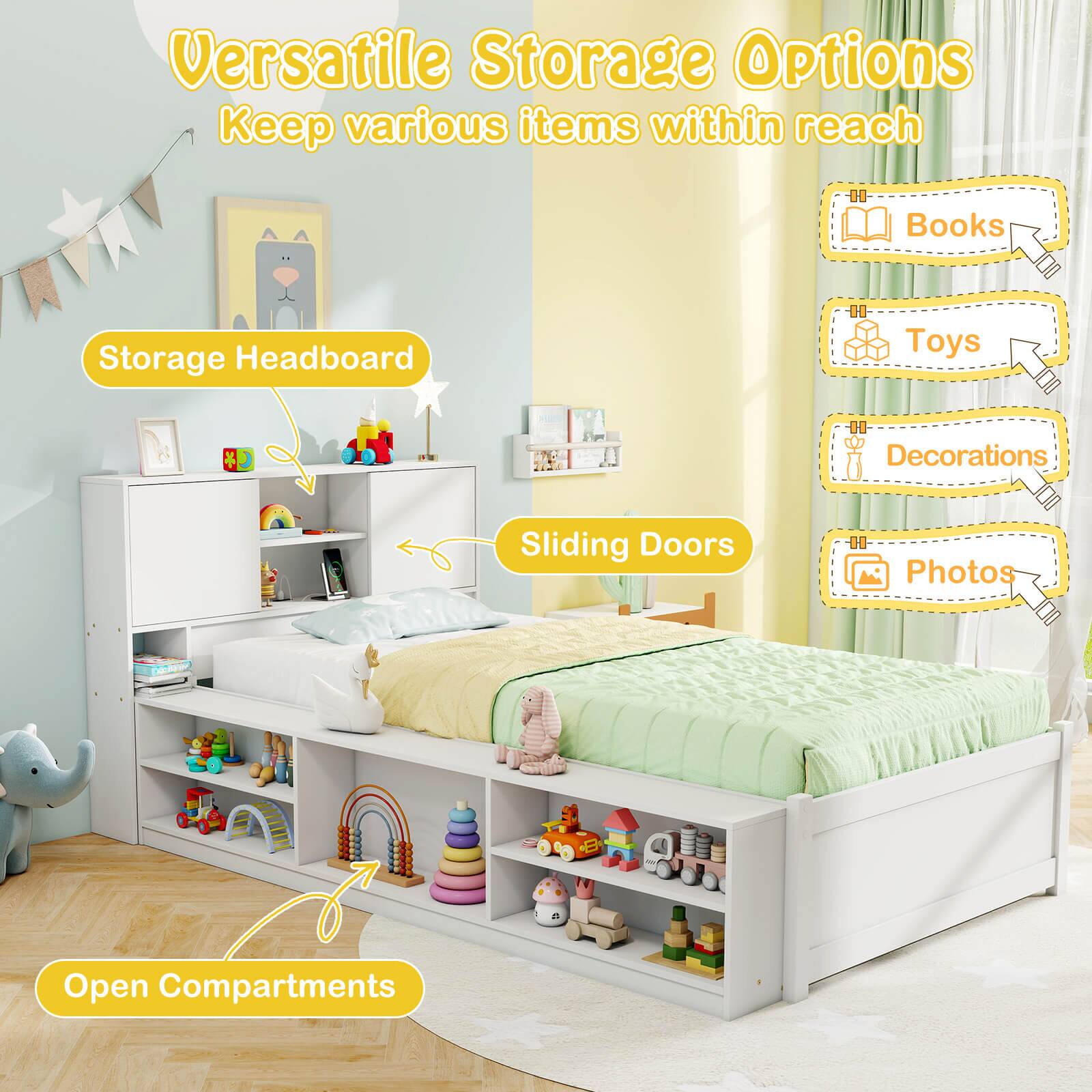 Versatile Storage Options Keep various items within reach Books Storage Headboard Toys Decorations Sliding Doors Photos Open Compartments