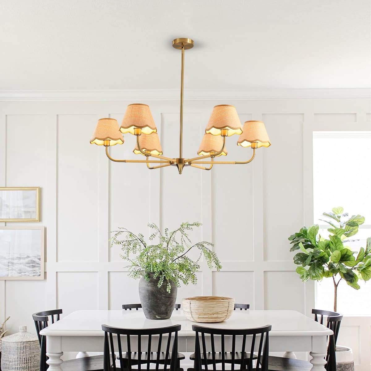 Loheer - Gold Six Light Chandelier with Handwoven Rattan Shades for Dining Room
