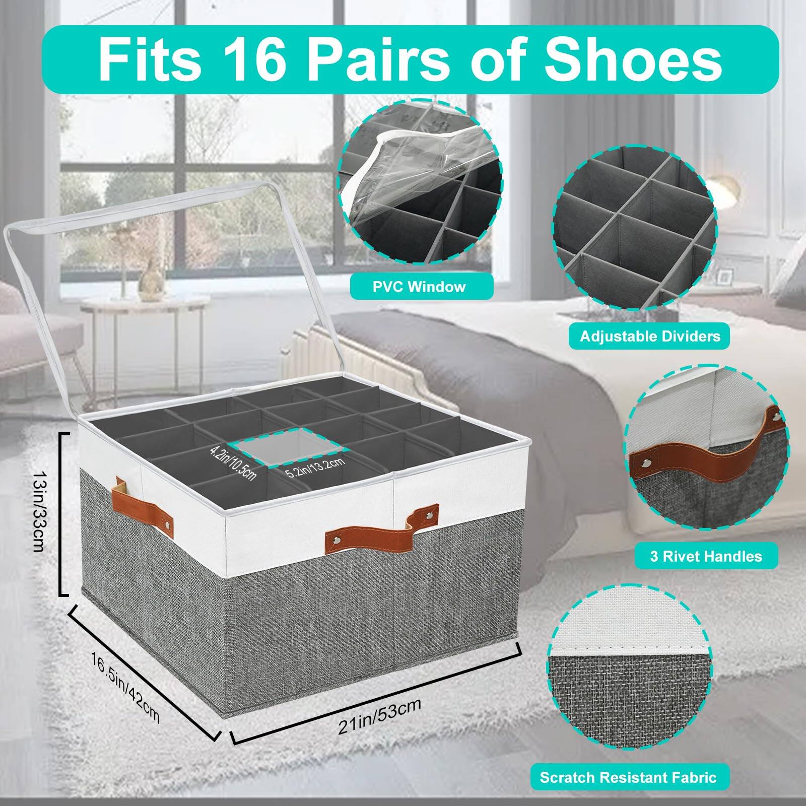 Fits 16 Pairs of Shoes

- PVC Window
- Adjustable Dividers
- 3 Rivet Handles
- Scratch Resistant Fabric

Dimensions:
- 13in/33cm
- 4.2in/10.5cm
- 5.2in/13.2cm
- 16.5in/42cm
- 21in/53cm