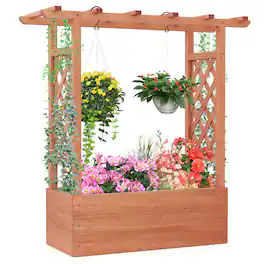 Gymax - Raised Garden Bed Wooden Elevated Planter w/Side Trellis & Hanging Roof - Orange