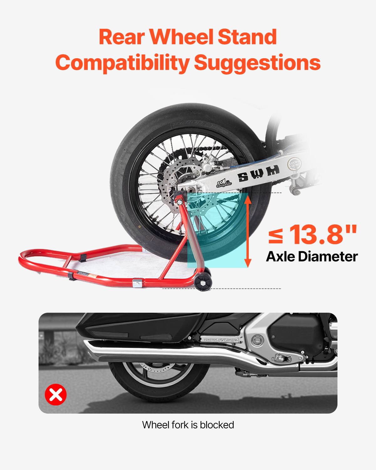 Rear Wheel Stand Compatibility Suggestions

≤ 13.8" Axle Diameter

Wheel fork is blocked