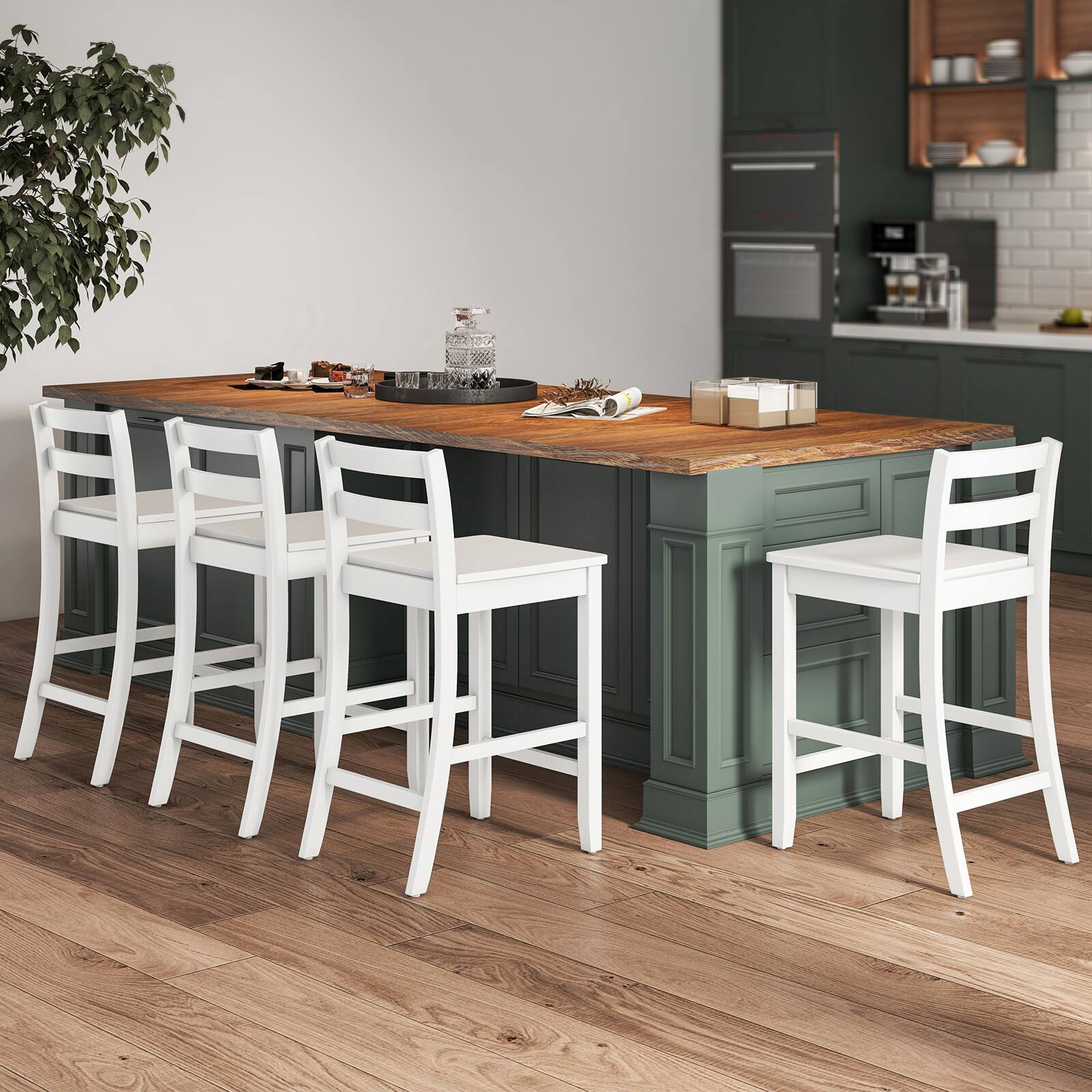 Alt View 1. Ecooso - Counter Height Bar Stools Set of 2, Wood Frame with Ergonomic Backrest and Footrest - White.