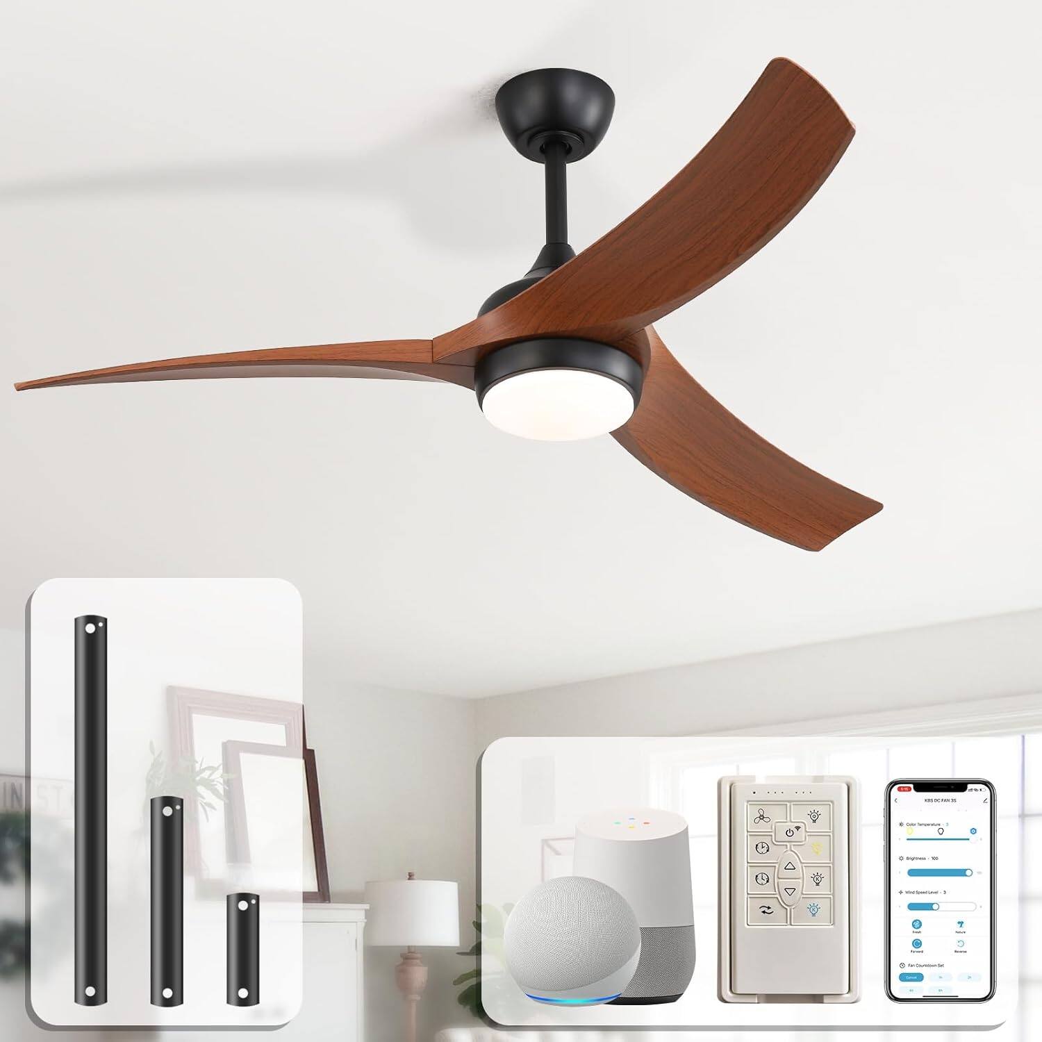 Sofucor - 52'' Smart Ceiling Fan In/Outdoor Ceiling Fans with Light and Remote/Alexa/App/Google High Airflow ABS Blades Reversible - Black - Brown
