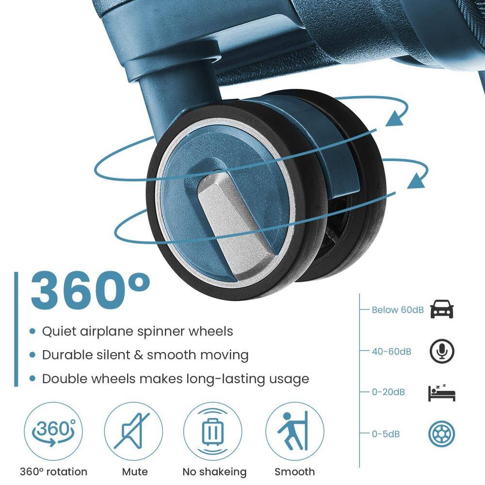 360°

- Quiet airplane spinner wheels
- Durable silent & smooth moving
- Double wheels makes long-lasting usage

360° rotation
Mute
No shaking
Smooth

Below 60dB
40-60dB
0-20dB
0-5dB