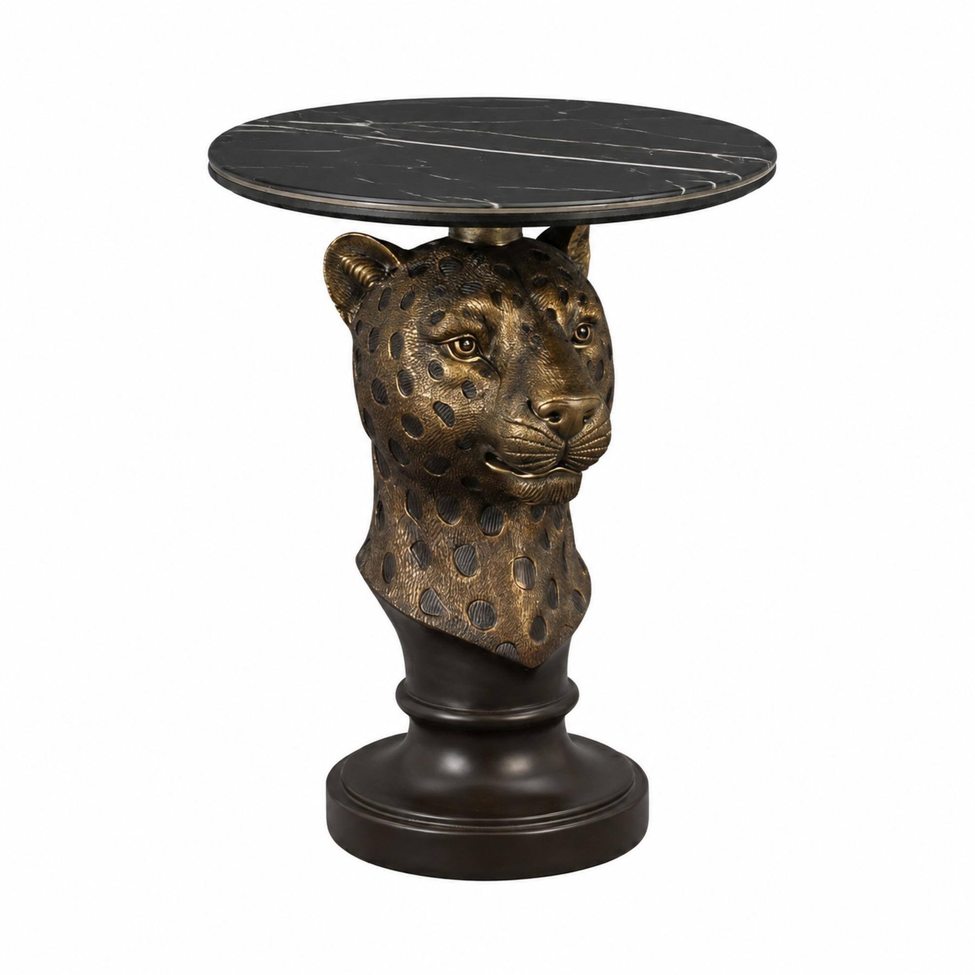 Front. RYHNUYNE - Leopard Head Accent Table with Round Faux Marble Top for Living Room, Hallway, or Boutique Display - brown.