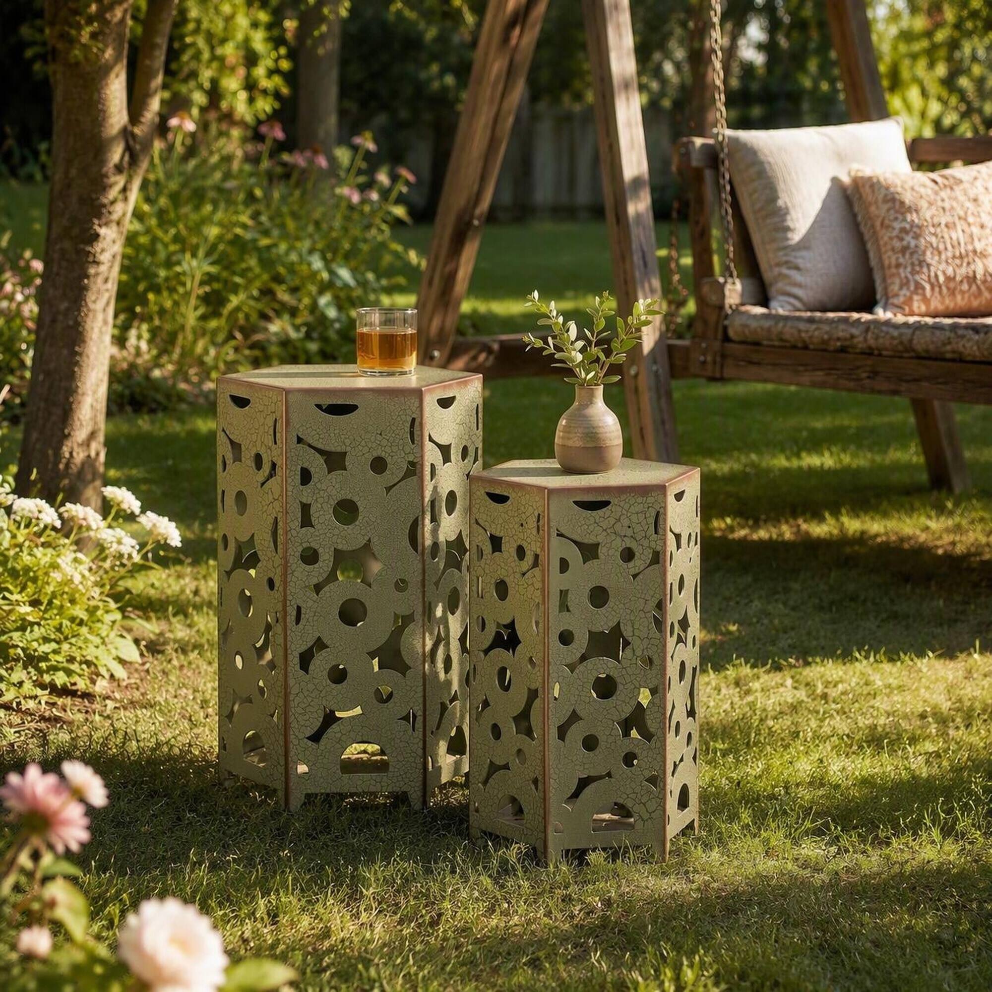 Alt View 2. RYHNUYNE - 2-Piece Outdoor Metal Nesting Side Tables, Decorative Cutout Accent Furniture for Patio Garden Porch - Antique Green.