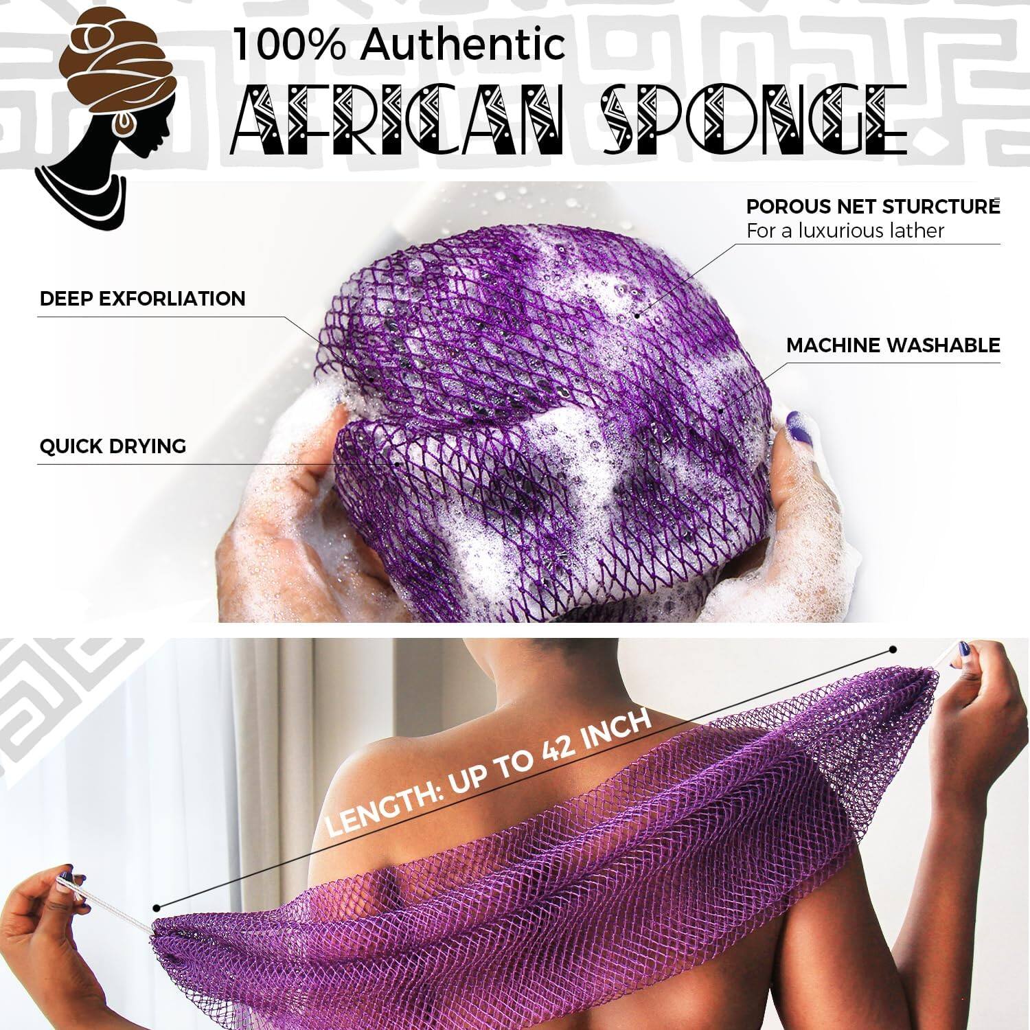 100% Authentic African Sponge

- Deep Exfoliation
- Quick Drying
- Porous Net Structure for a luxurious lather
- Machine Washable
- Length: Up to 42 inches