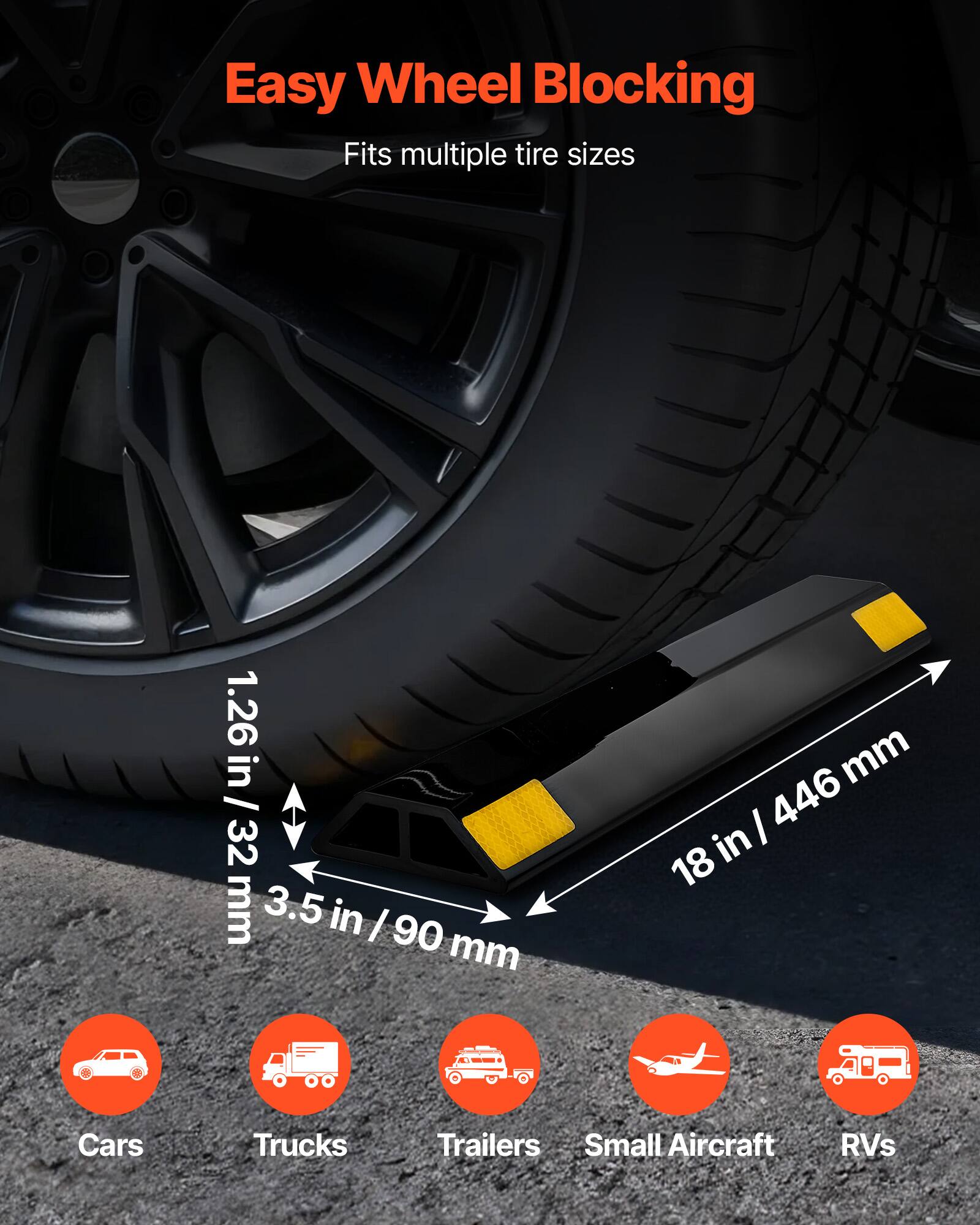 Easy Wheel Blocking  
Fits multiple tire sizes  
1.26 in / 32 mm  
3.5 in / 90 mm  
18 in / 446 mm  
Cars, Trucks, Trailers, Small Aircraft, RVs
