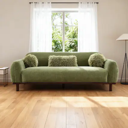 Front. Parrot Uncle - 3-Seater Chenille Sofa Plush Bench Seating with Pocket Coil Support, Faux Fur Accent Cushions, Cozy Living Room Couch - Olive Green.