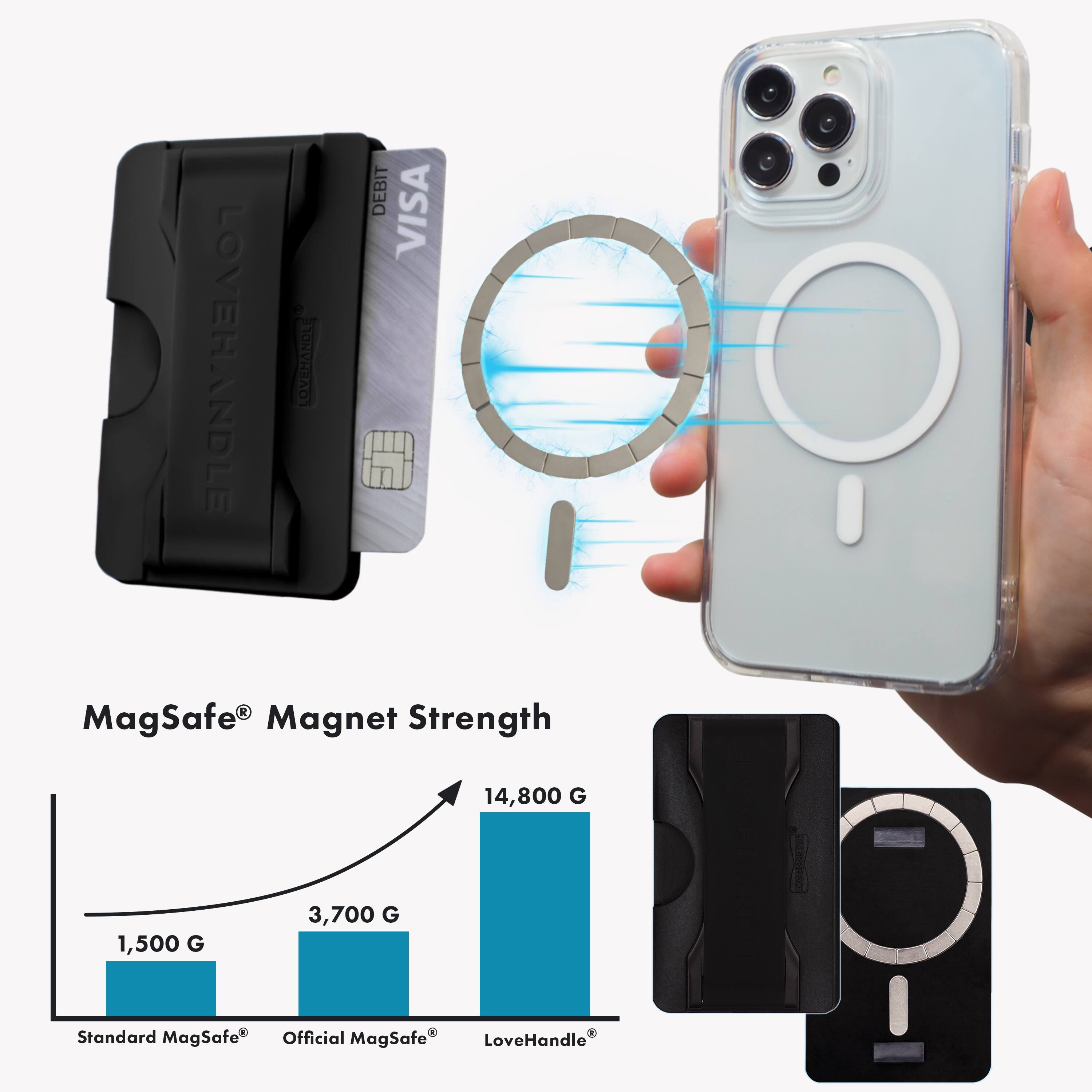 The image features a hand holding a MagSafe case for an iPhone. The case is designed to protect the phone and attach securely to the back of the device. The case is shown in different angles, highlighting its features and design. The hand holding the case is positioned in the center of the image, with the case occupying the majority of the frame. The focus of the image is on the MagSafe case and its functionality.