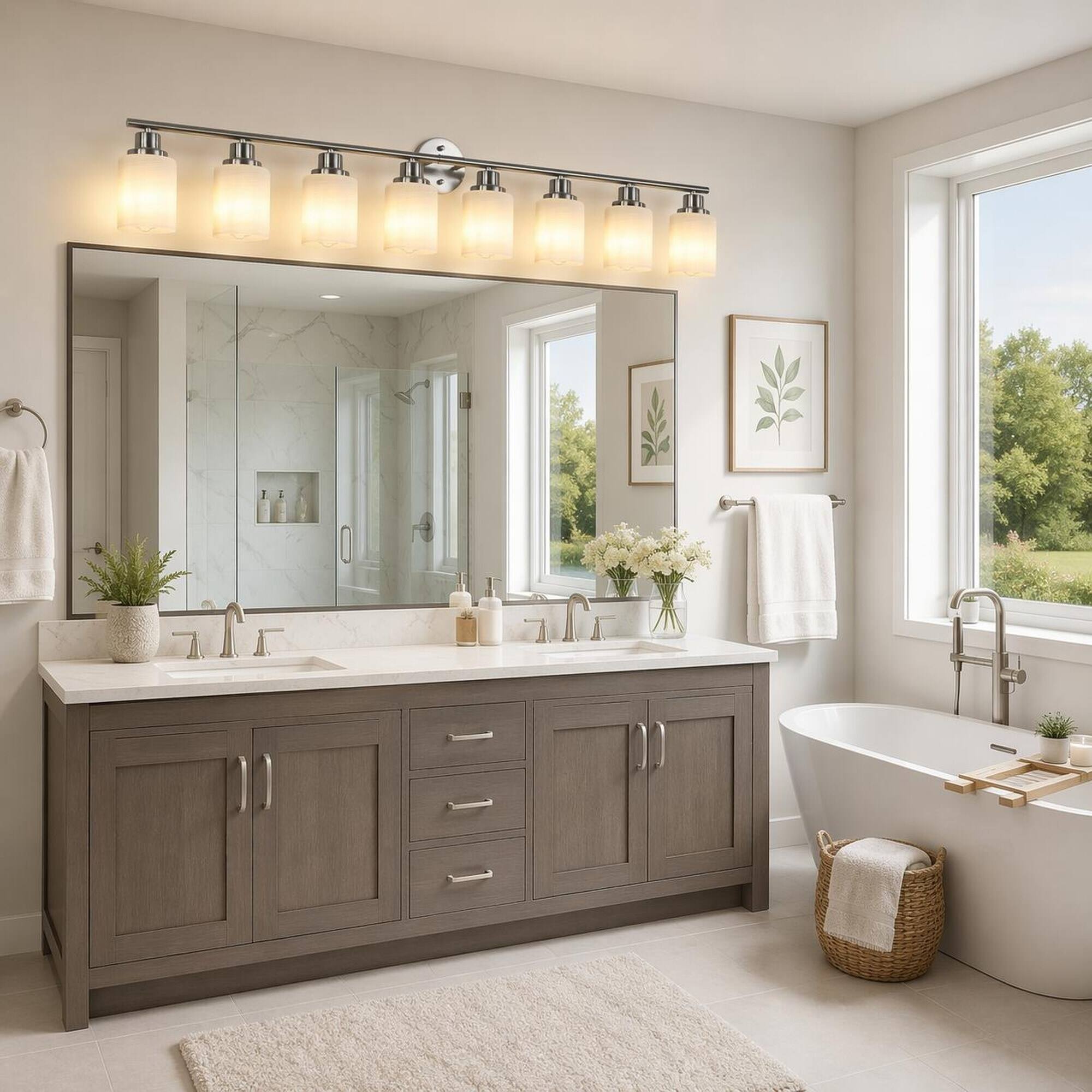 RYHNUYNE Brushed Nickel 8‑Light Bathroom Vanity Light, Modern Wall ...