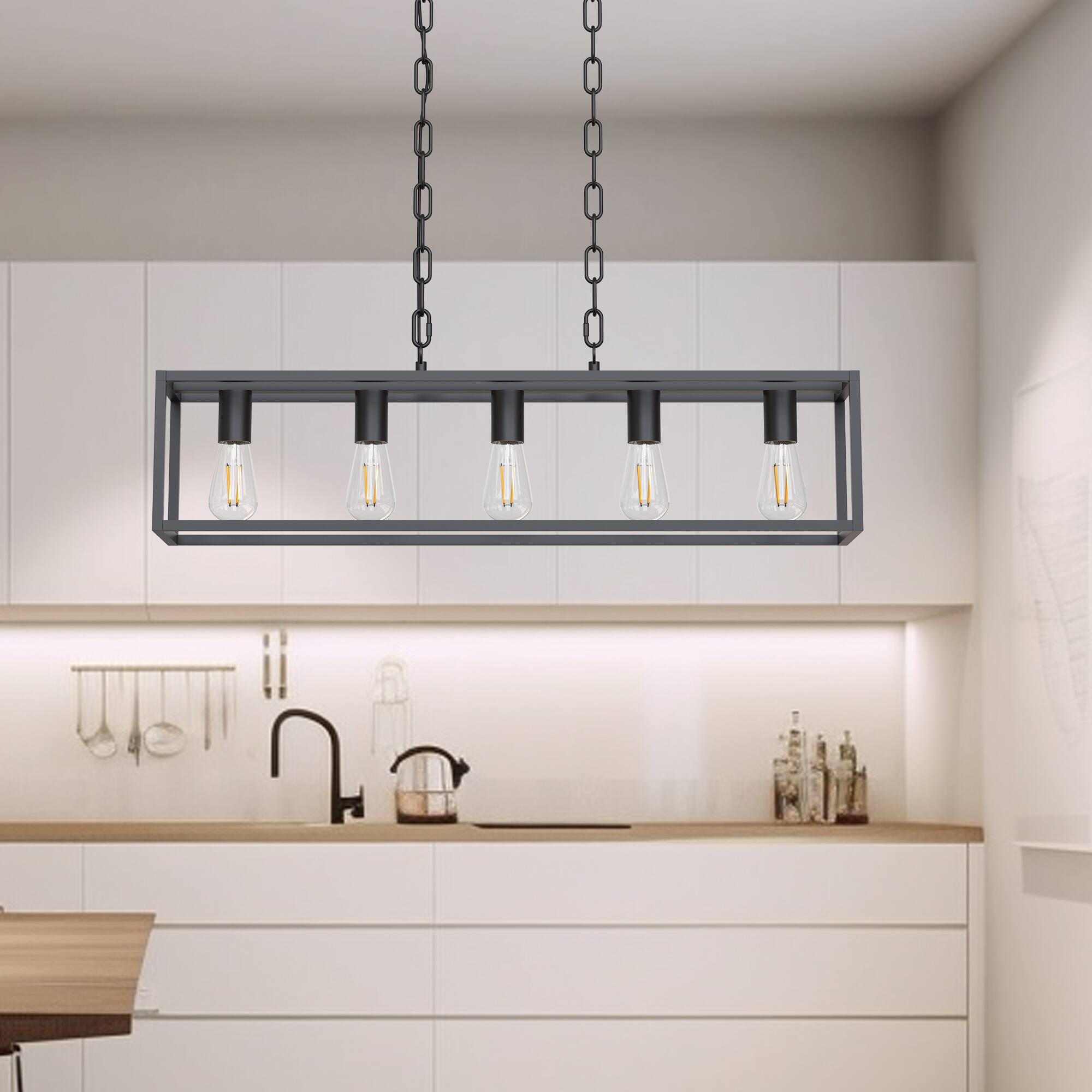 Left. Jandcase - JANDCASE 5-Light Black Island Pendant Light, E26 Socket, Non-Integrated Bulbs, KD Design, for Kitchen Island - Black.